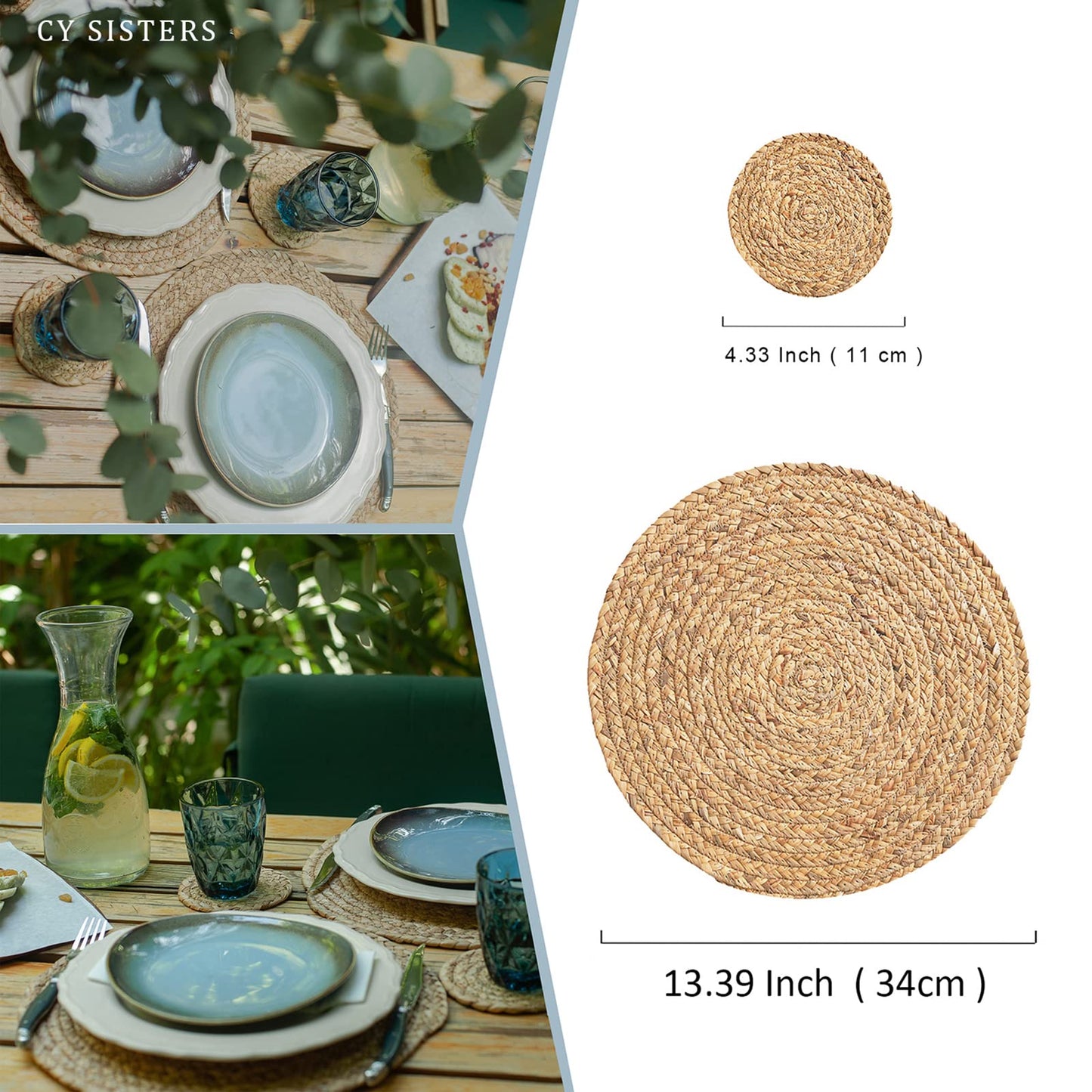 CY SISTERS Woven Placemats Round Placemats Set of 6, 13.5 Inch Wicker Placemat Circle Rattan Placemats Farmhouse Boho Braided Natural Water Hyacinth Place Mats for Indoor & Outdoor Table Decor
