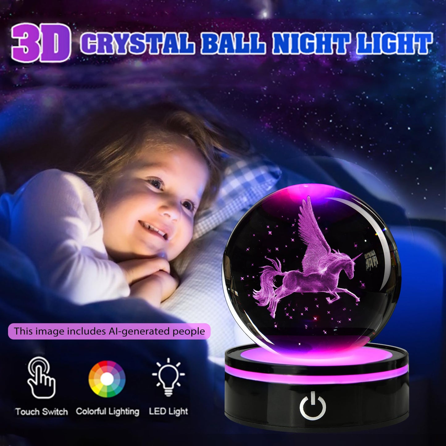 QIANCHANG 3D Unicorn Crystal Ball with LED Stand, 80mm Glass Sphere Night Light Lamp, Crystal Unicorn Figurines Collectibles Gifts for Women Girls Mom Kids