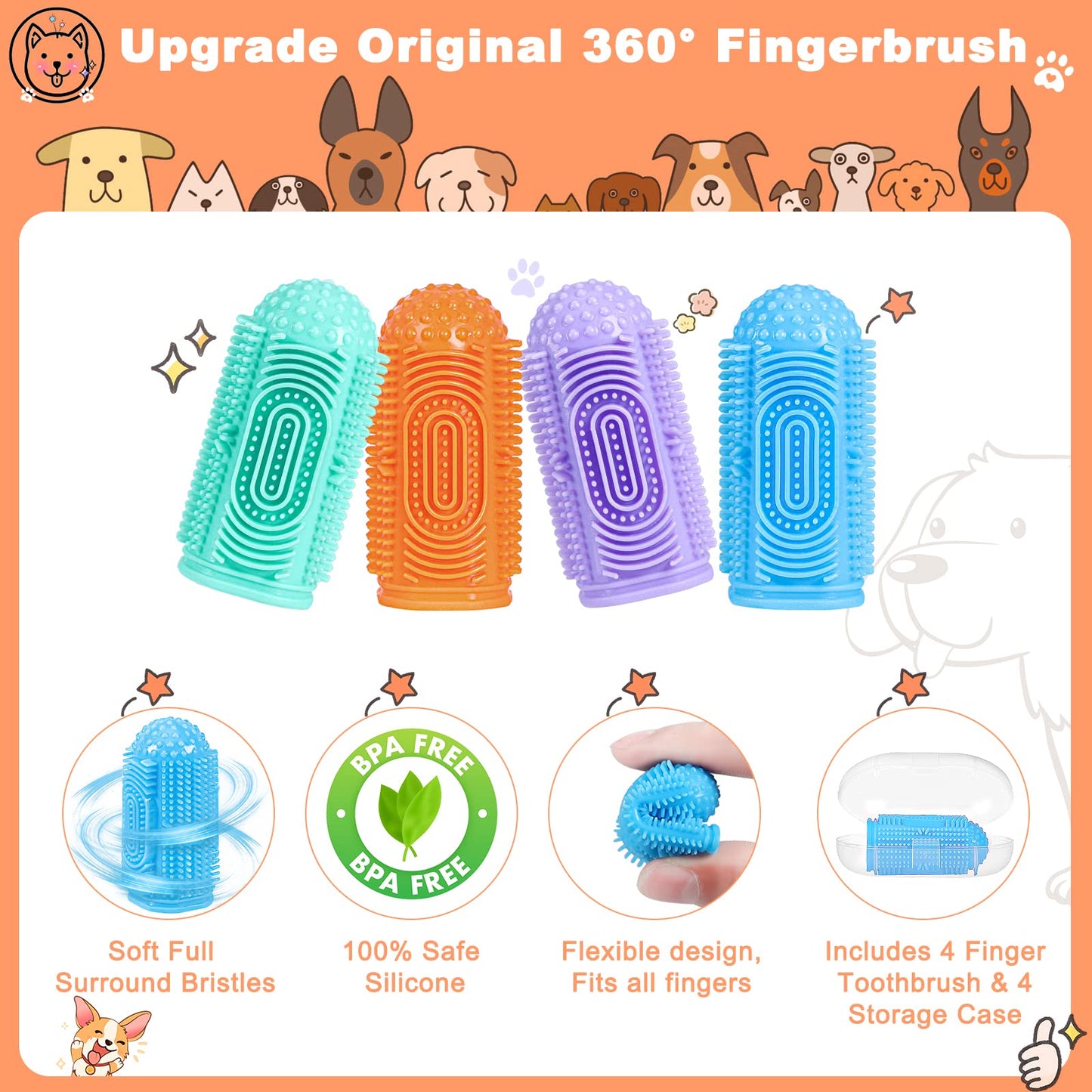 YUEYUEJIA Dog Toothbrush Finger Toothbrush Dogs Tooth Brushing Kit 4Pack Dogs Finger Toothbrushes for Dog Teeth Cleaning& Dental Care Doges Tooth Brush Pet Toothbrush