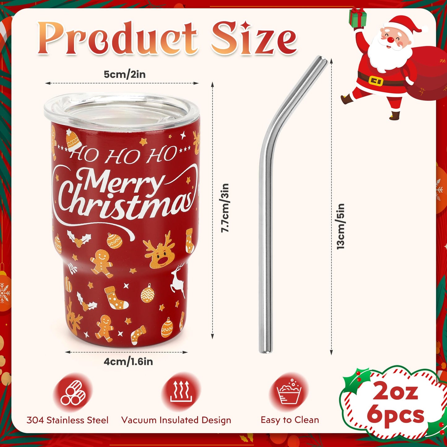 STFALI Cute Shot Glasses Set with Straw 2 oz, Mini Shot Tumblers with Lid and Straw, Kawaii Insulated Tumblers for Espresso Coffee Spirits Cute Stuff Funny Gifts (6 Pack-Christmas)