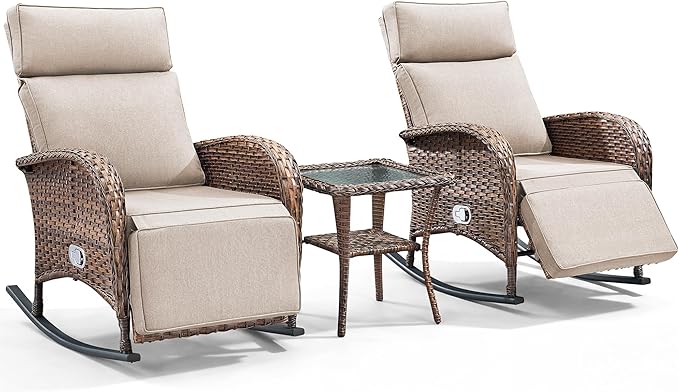 3 Pieces Zero Gravity Wicker Patio Rocking Recliner Chairs Set of 2 - Wicker Outdoor Lounge Chair with Side Table, Adjustable Backrest & Footrest, High Back Outdoor Recliner Chair for Pool Deck Beige