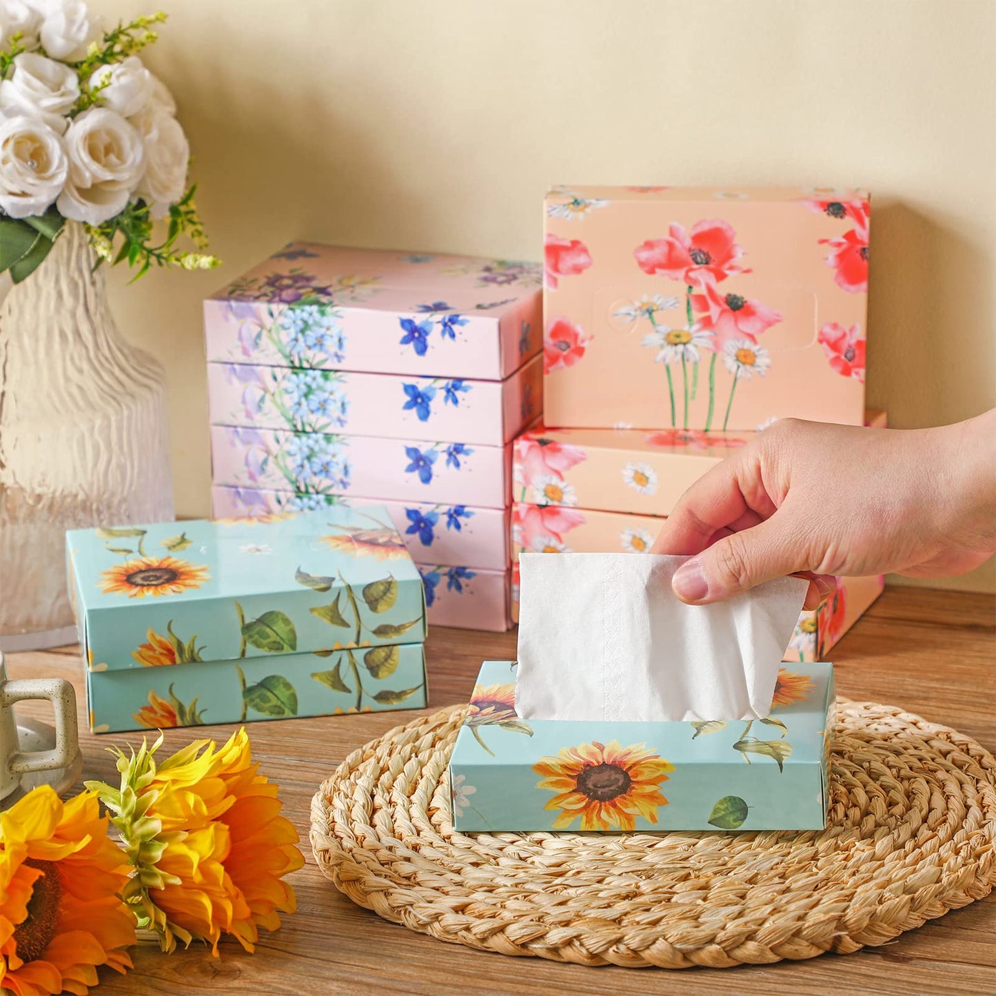 24 Packs Small Boxes of Tissues Flower Car Facial Tissue Boxes Disposable Tissue Packs Cube Facial Tissues 2 Ply 960 Sheets for Holiday Party Bathroom Office Floral Home Decor(Flower)
