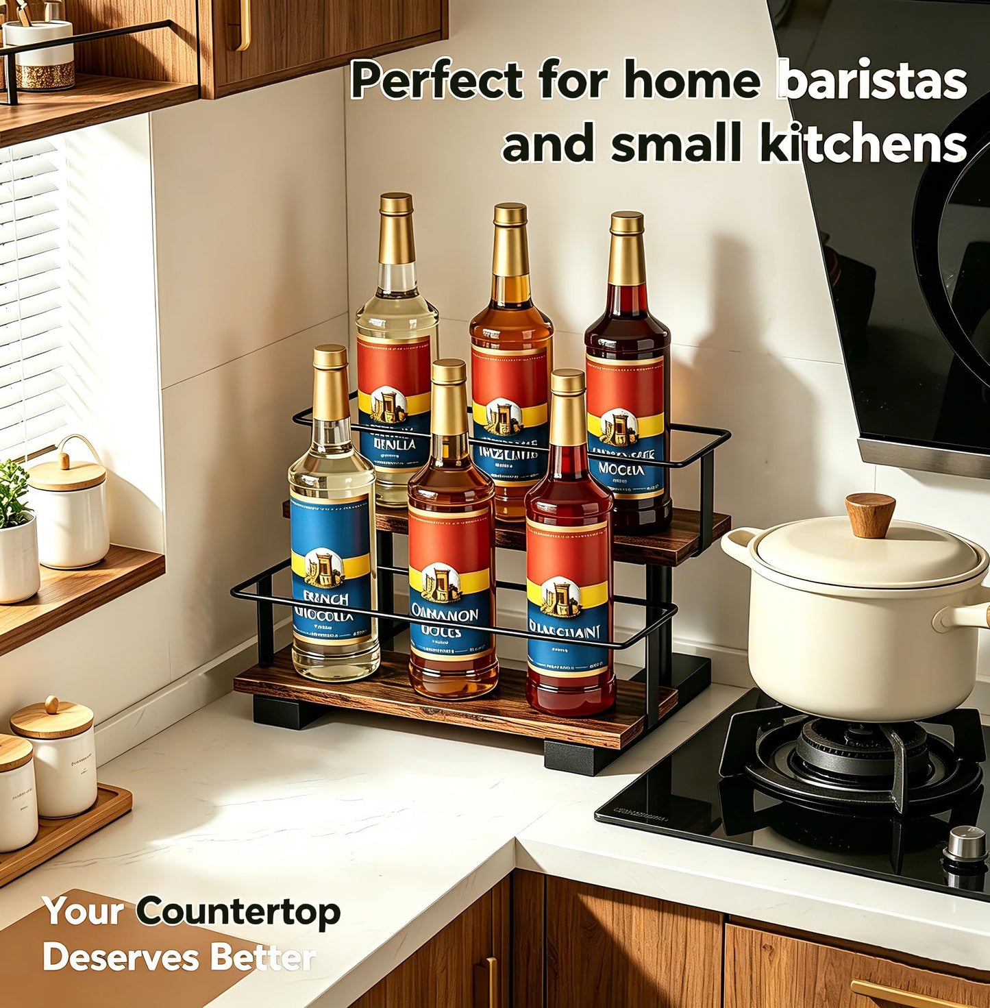 Wolera 2-Tier Coffee Syrup Organizer Rack – Holds 6 Syrup Bottles, Space-Saving Countertop Display Shelf for Coffee Bar, Liquor, Spice Jars & Essential Oil Bottles, Rustic Wood & Metal Stepped Shelf