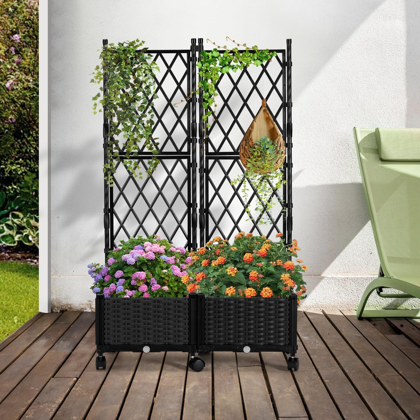 FOLLOOK Planter Box with Trellis, 4ft Tall Self-Watering Plastic Raised Garden Beds and Lattice Trellis with Lockable Wheels & Drain Plug for Outdoor Patio Backyard Balcony, Black, 2 Pcs