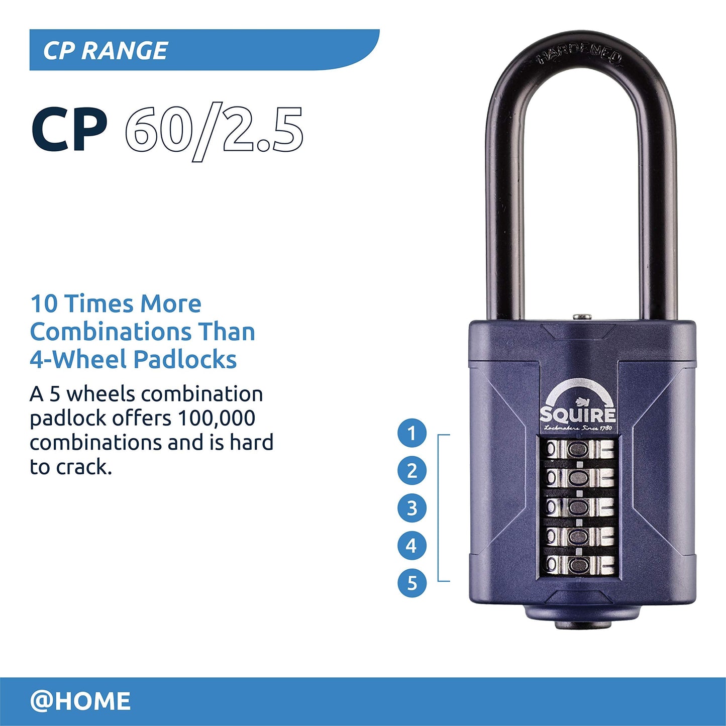 Squire Heavy Duty Padlock CP60/2.5 - Toughest Long Shackle 5 Wheel Combination Padlock, Alloy Steel, Corrosion Resistance, Weatherproof - Blue, 2.36 in