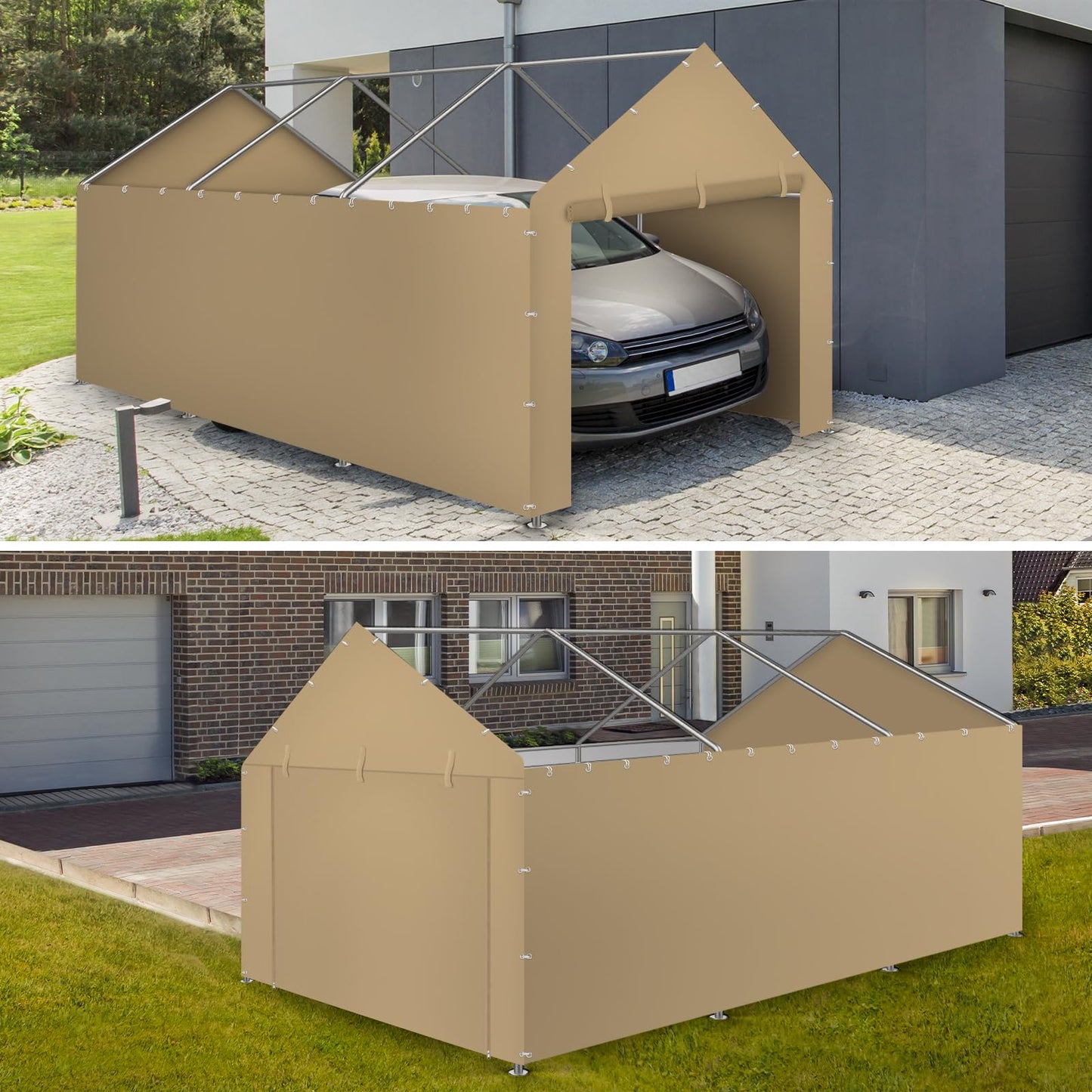 Carport Canopy Tent Sidewalls for 10x20x8.6FT Car Garage with Ball Bungees, Heavy Duty Portable Shelter Logic Replacement Covers (Frame is not Included) (Khaki)