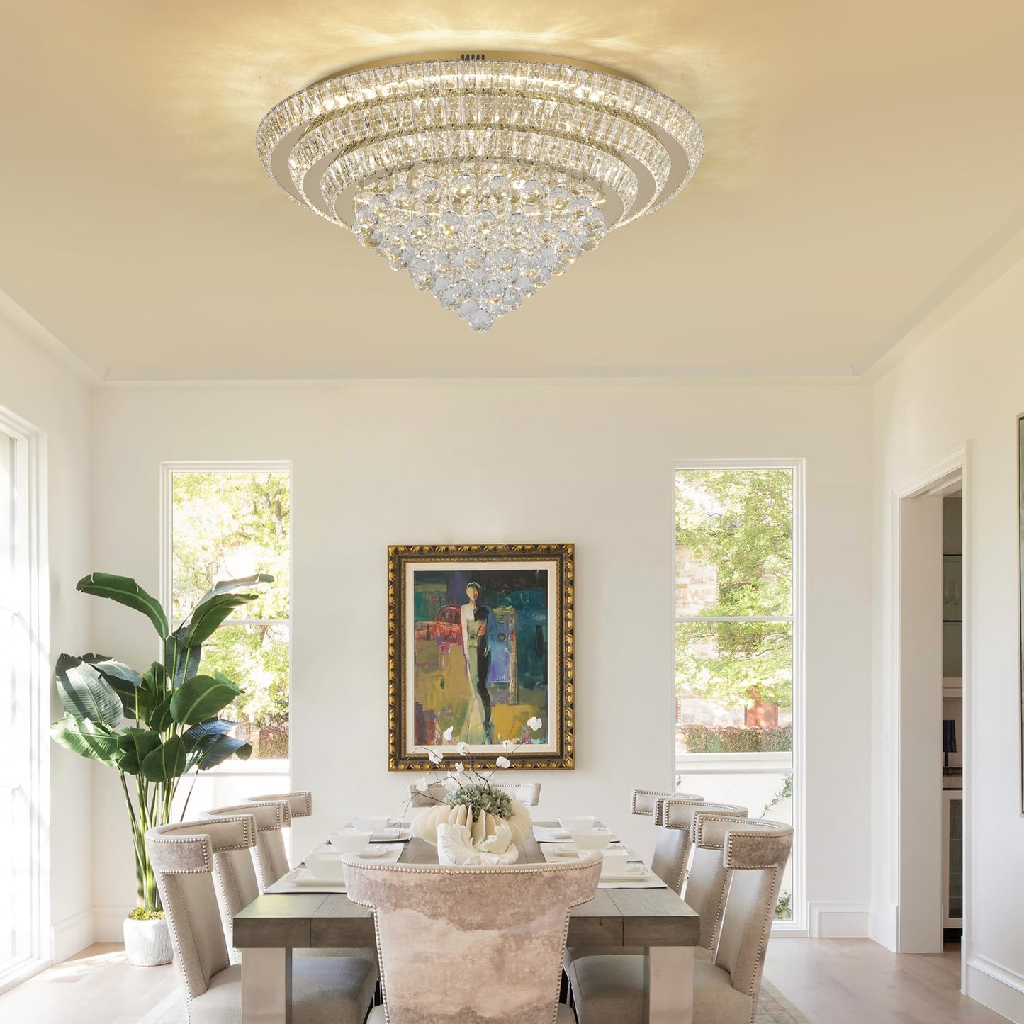COCOSTAR 30" Gold Crystal Chandeliers, Flush Mount Chandelier LED Ceiling Light, Modern Crystal Raindrop Chandeliers for Dining Room, Living Room, Bedroom