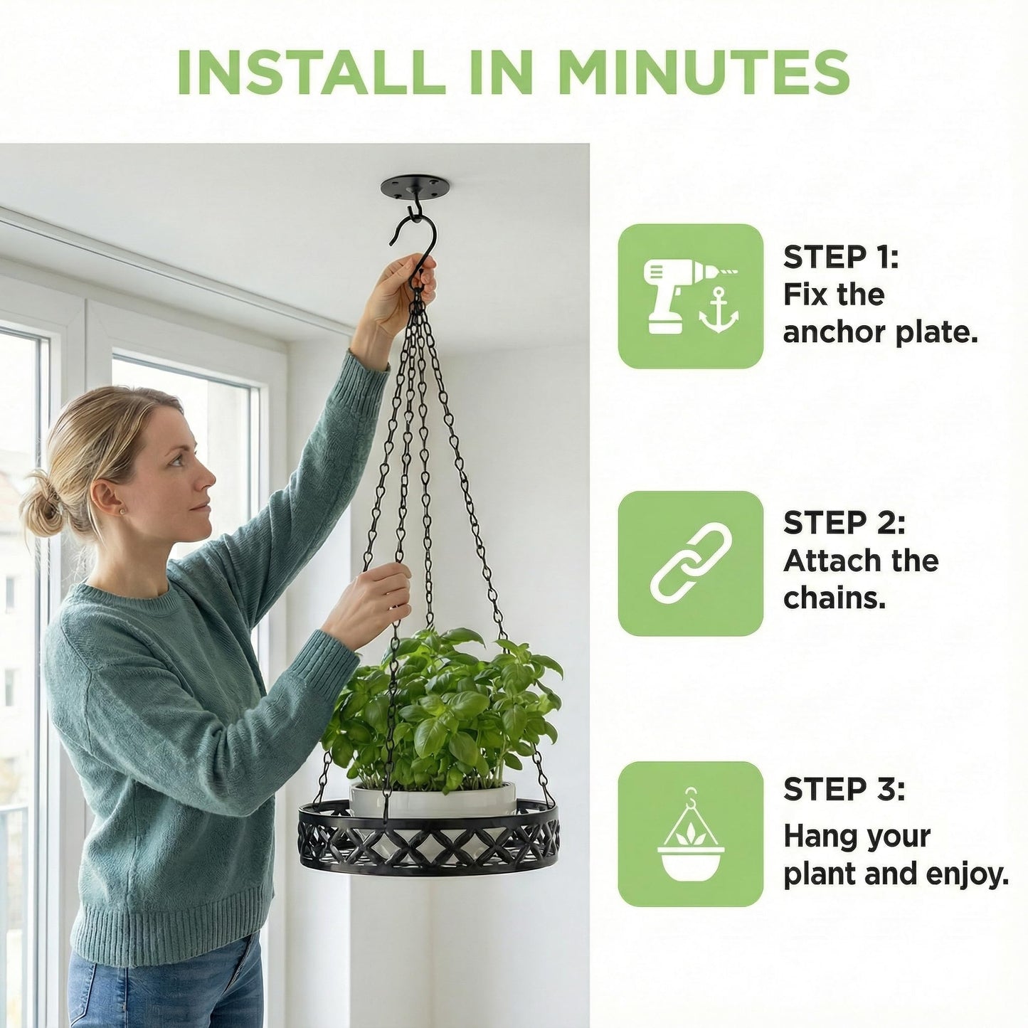 nclongshengsheng Hanging Planter with Metal Chain & Wall Hook, Stylish Indoor Outdoor Plant Hanger with 11 Inch Pot for Patio, Balcony, Porch Home Decor