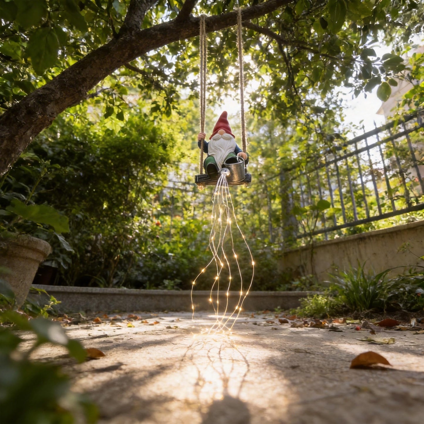 QCF Hanging Garden Gnomes Statues Solar Watering Can Fairy Lights, 6.7''H Swings Gnome Cascading LED Decor for Yard Balcony Backyard Tree Outside, Housewarming Birthday Gifts for Woman Mom Grandma
