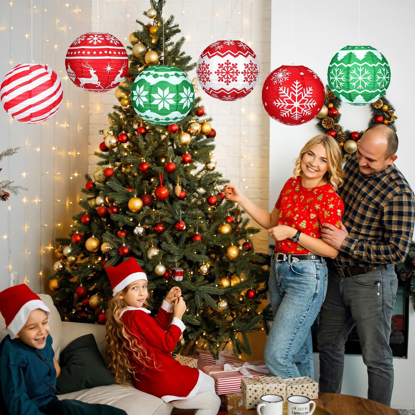 Bencailor 12 Pcs Summer Christmas Hanging Paper Lanterns Set Xmas Decorative Party Round Hanging Lamps for Summer Xmas Home Decoration Supplies Props Holiday Decor(12 Inch,Christmas Tree)