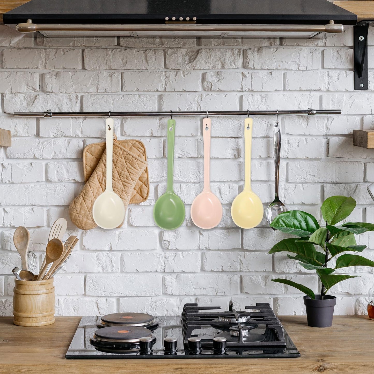 uxcell 1 Set Ceramic Soup Spoons, Long Handle Dinner Serving Spoon for Soup, Noodles, Dumplings Yellow/Green/White/Pink