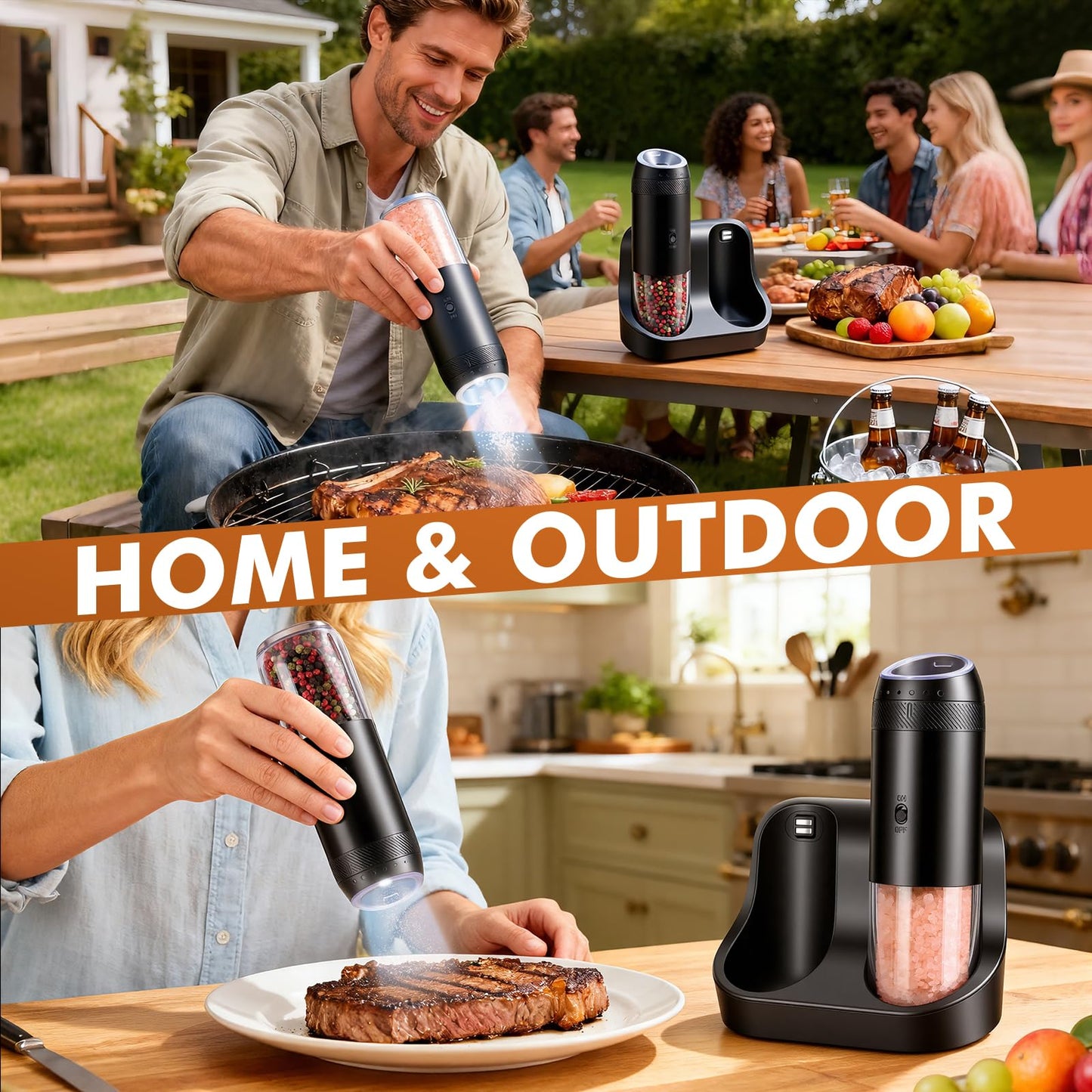 Electric Salt and Pepper Grinder Set, Automatic Gravity Sensor Grinder with Rechargeable Base, External Adjustable Coarseness (6 Levels), LED Light, Automatic Shakers for Kitchen & Outdoor