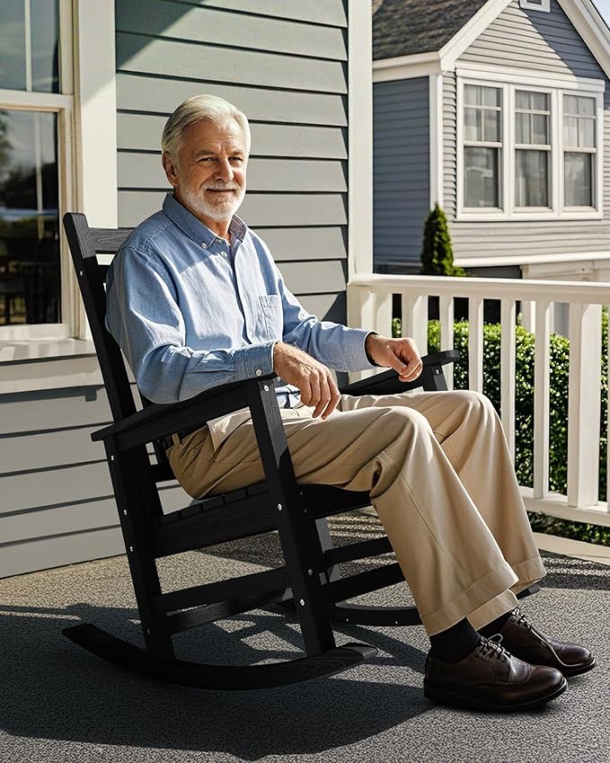 SERWALL HDPE Outdoor Rocking Chair Set of 8, Patio Rocking Chairs for Adults, All Weather Outdoor Rockers for Lawn, Black
