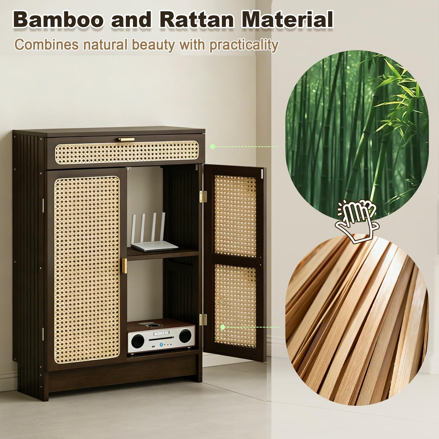 Jueraori WiFi Router Storage Cabinet with Adjustable Shelves, 2-Tier Standing Bamboo Cabinet with Rattan Doors and Drawer, Power Strip Cable Management Hider Rack for Home & Office(35.4"×19.7"×9.8")