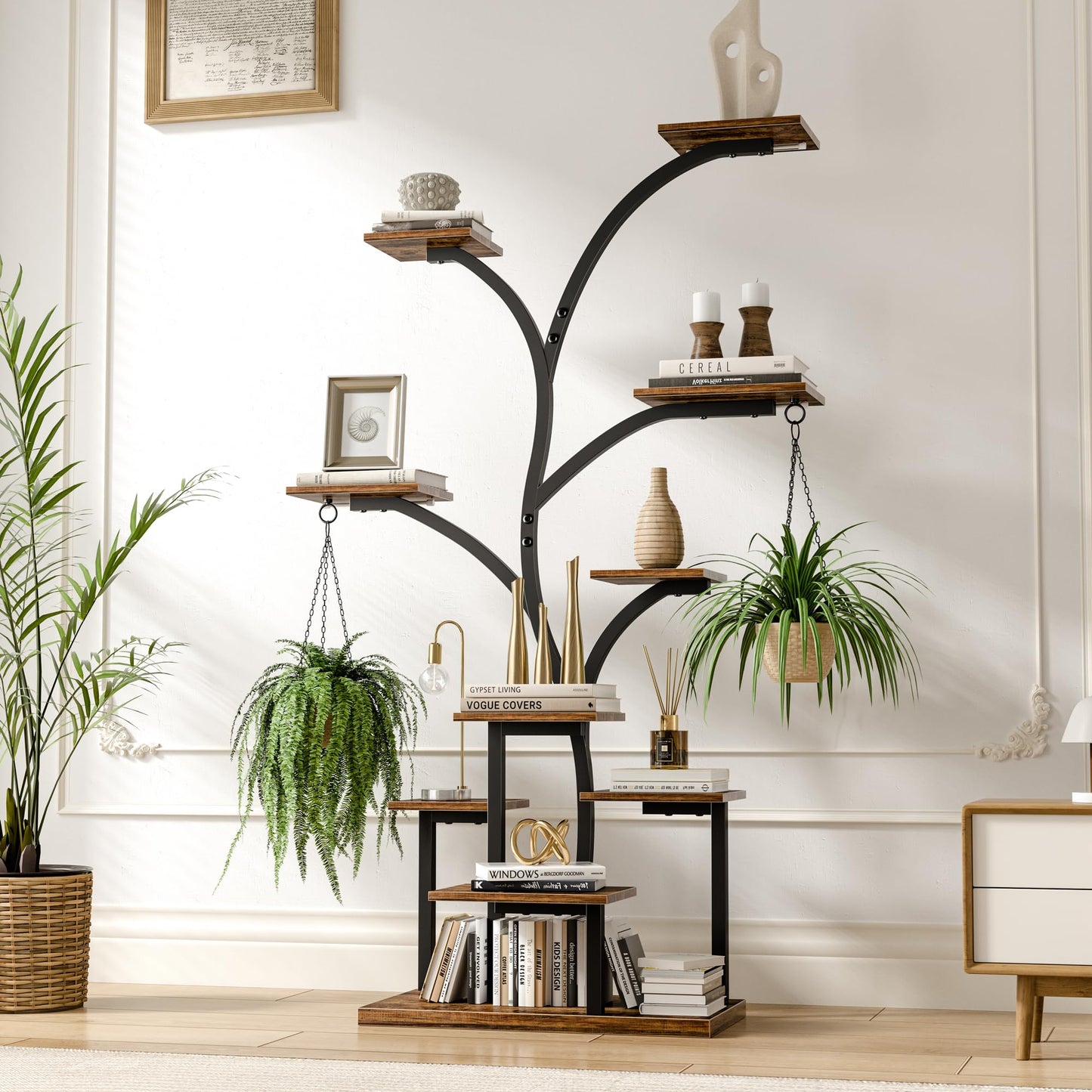 VECELO Plant Stand with LED Light, 10-Tier Indoor Plant Shelf with Supplemental Lighting, Metal Frame & Wood Shelves with Hanging Hooks, Space-Saving Plant Rack for Living Room or Corner Display