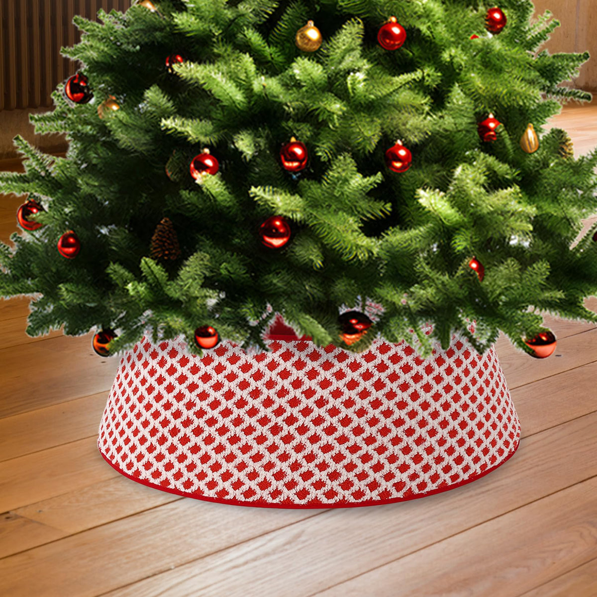 Garvee 33 Inch Christmas Tree Collar Holiday Party Decoration, Diamond-Grid Design Plush Christmas Tree Skirt with 2 Matching Clips, Holiday Home Decor Stand Base Cover, Red
