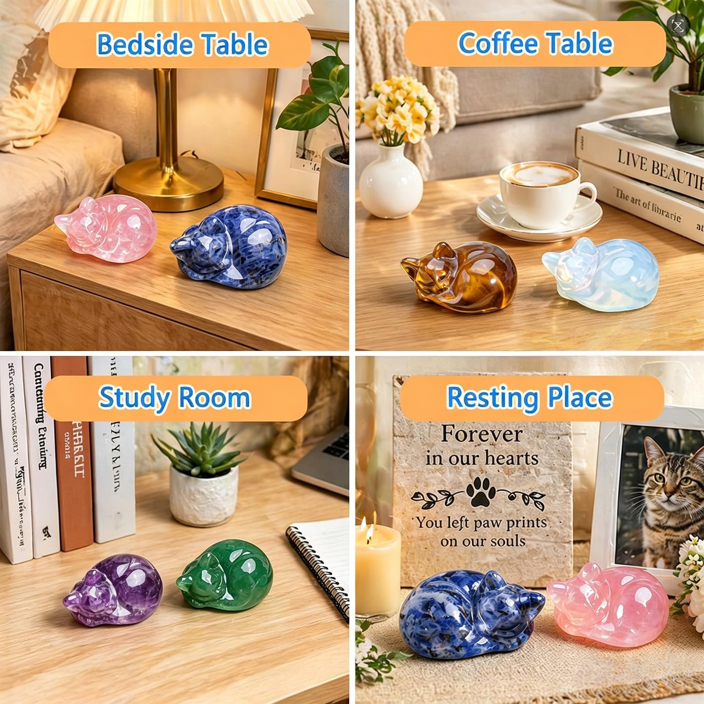 EZEELAI 2Pcs Crystal Rose Quartz Cat Figurines, 2" Pink Sleeping Cat Crystal Sculpture, Healing Crystal Decors Statue, Home Office Desk Decor, Cat Themed Ornaments Gift for Cat Lovers