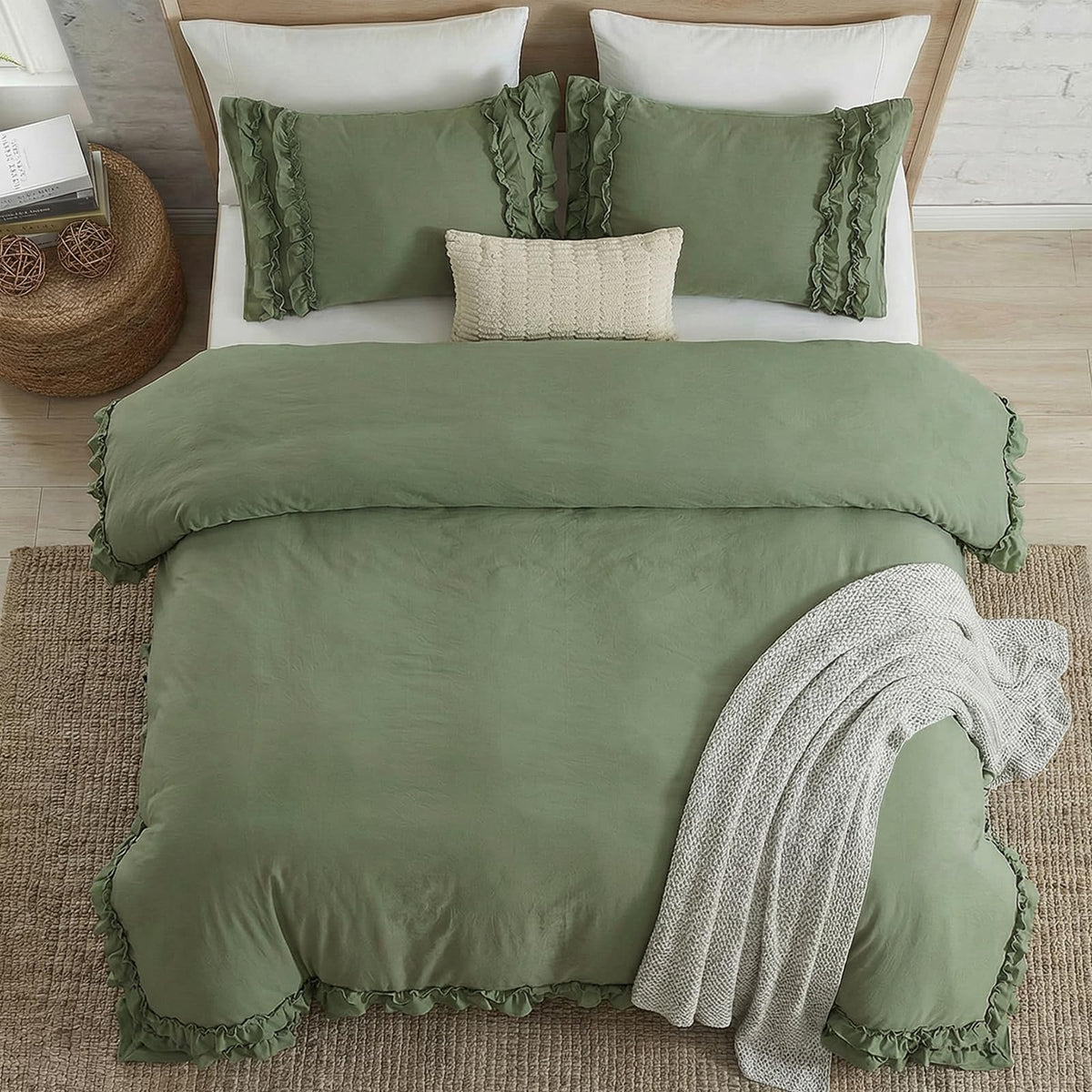 Avocado Green Duvet Cover Queen Ruffled Bedding Set Pleated Ruffle Fringe Shabby Chic Bedding Super Soft Cozy Boho Bedroom Bedding for All Season
