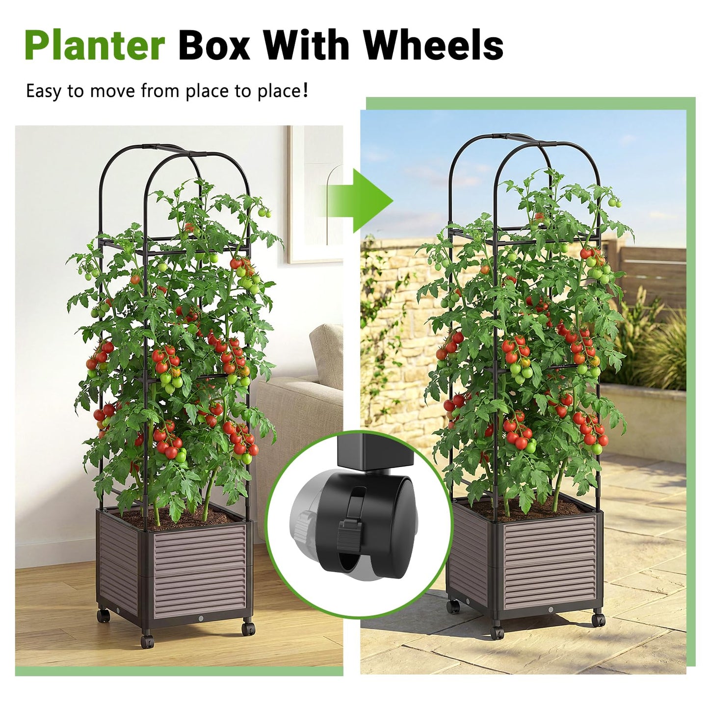 DoCred 60" H Raised Garden Bed Planter Box with Wheels, Tomato Cage Planter Raised Garden Bed with Trellis for Climbing Vegetables Plants Tomato Cage, Indoor Outdoor Use