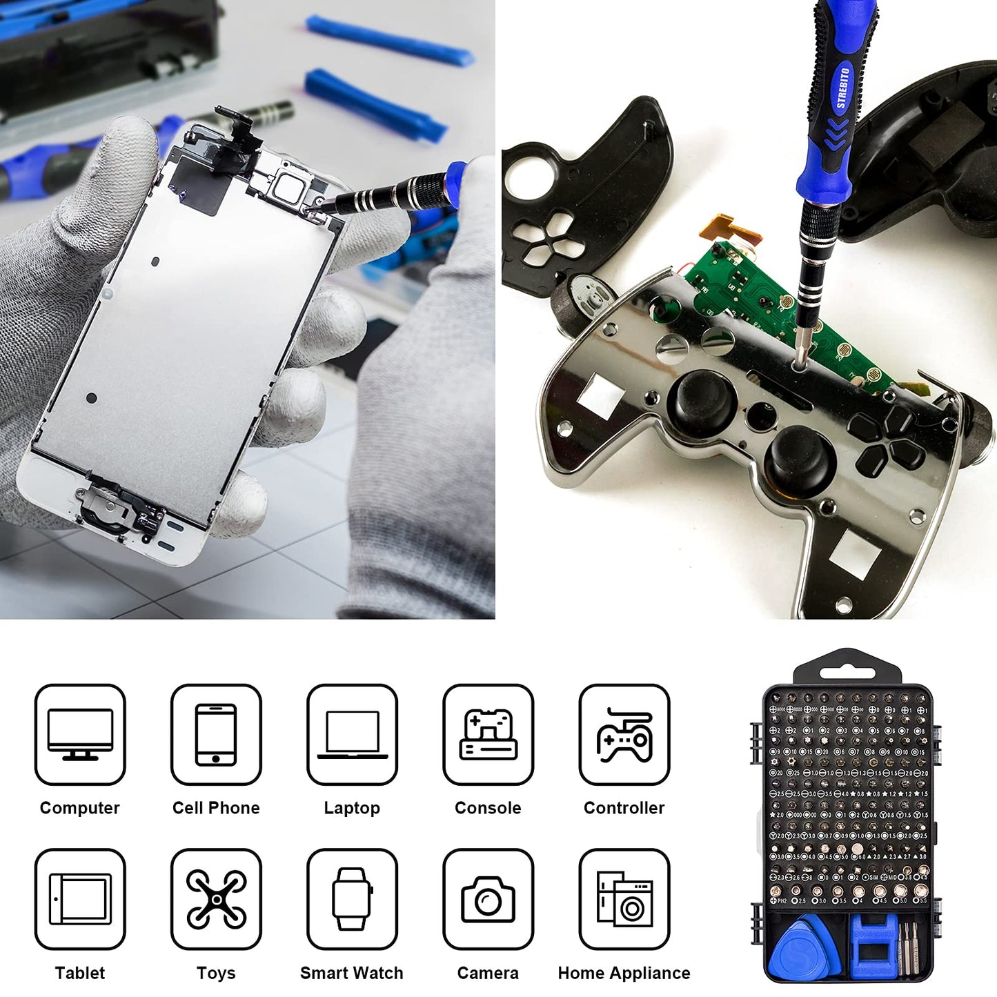 STREBITO Precision Magnetic Screwdriver Set 124-Piece Electronics Tool Kit with 101 Bits, for Computer, Laptop, Cell Phone, PC, MacBook, iPhone, PS4, PS5, Xbox Repair