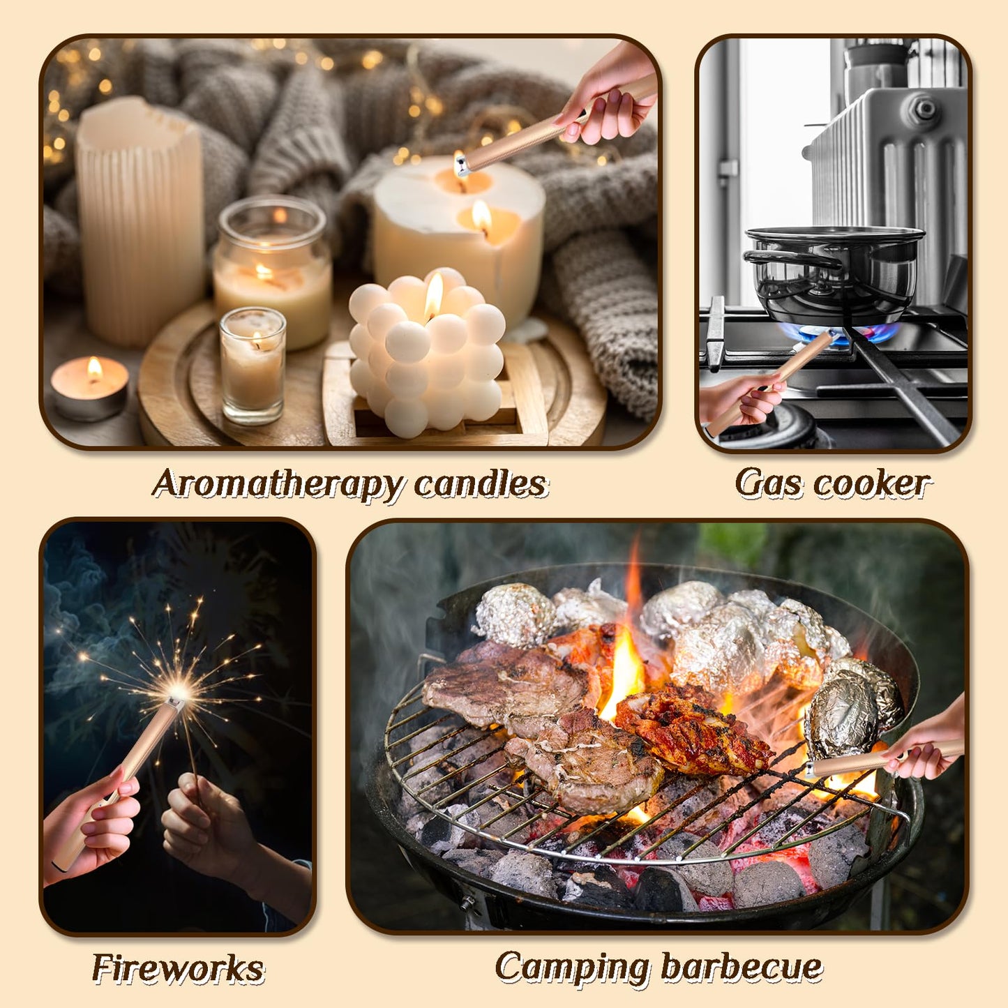 2 PCS Candle Lighter,Windproof Flameless Electric Lighter with LED Power Display & Safety Switch, Upgraded Plasma USB Rechargeable Lighters for Birthday Camping BBQ (Champagne Gold)