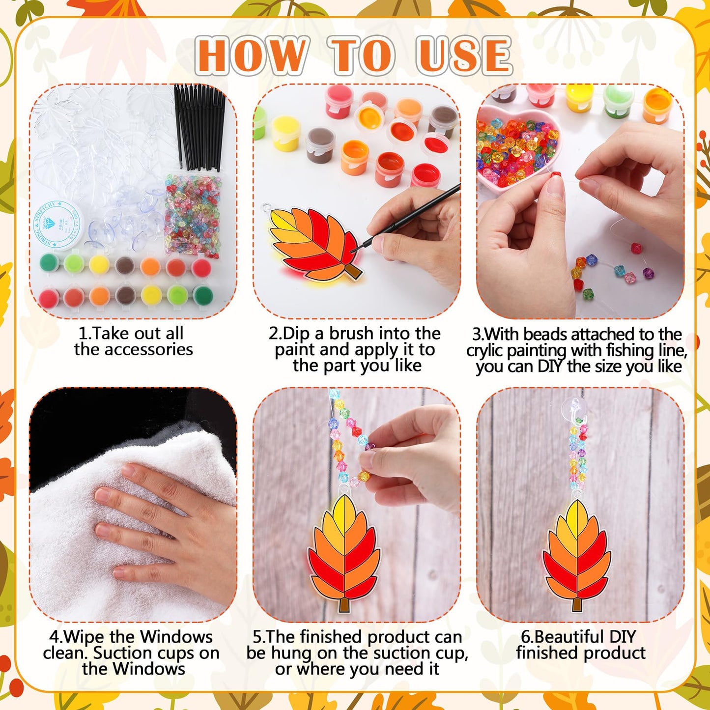 Beeveer 30 Sets Fall Leaf Suncatchers Art Kits DIY Autumn Maple Leaf Suncatcher Crafts Paint Your Own Window Ornaments for Adults Thanksgiving Harvest Activity Party Favor