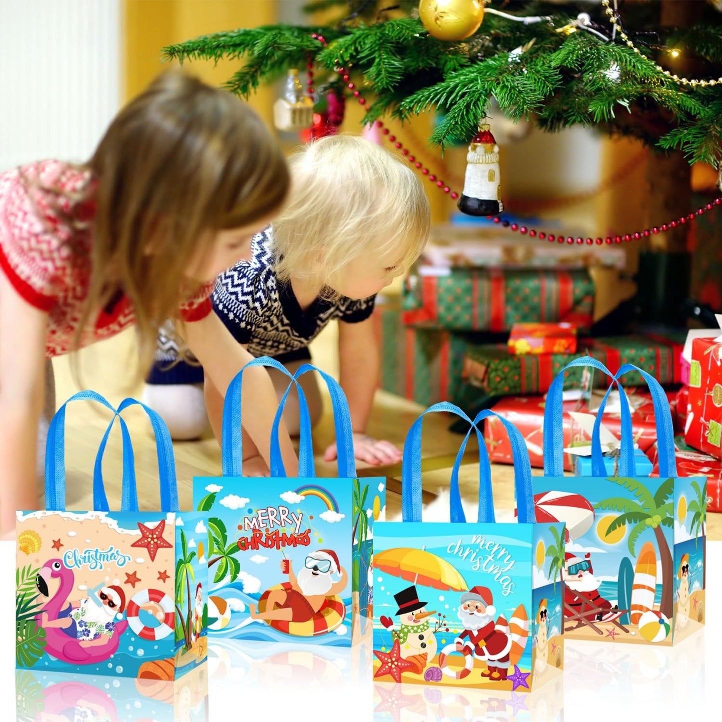 KYMY 6PCS Summer Christmas Party Favor Bags, Tropical Hawaiian Non-Woven Gift Totes with Handles, Beach Treat Bags with Santa & Flamingo for July Xmas Luau Holiday Party Decorations