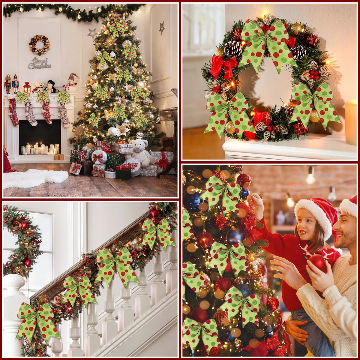 Miucat 16 Pcs Christmas Tree Bows Decoration, 6 Inch Large Christmas Bows Red Green Dot Bows Ribbons Ornaments Christmas Wreath Decorations for Tree Gift Wrapping Wall Home Front Door Decor