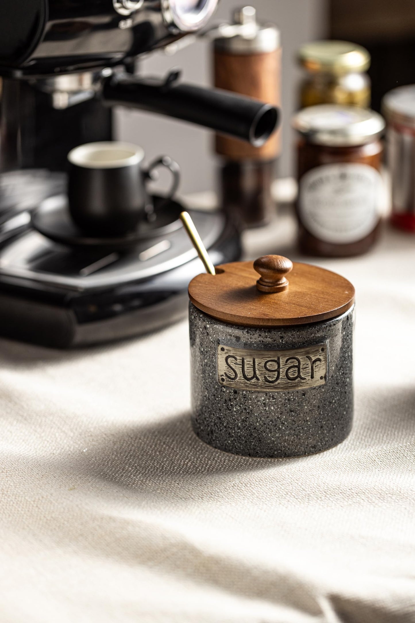 Sugar Container, Sugar Holder, Sugar Bowl with Lid and Spoon, Sugar Jar Porcelain Salt Bowl with Wood Lid and Stainless Steel Spoon, Ceramic Sugar Bowl 15oz Coffee Canister Kitchen Decor, Grey