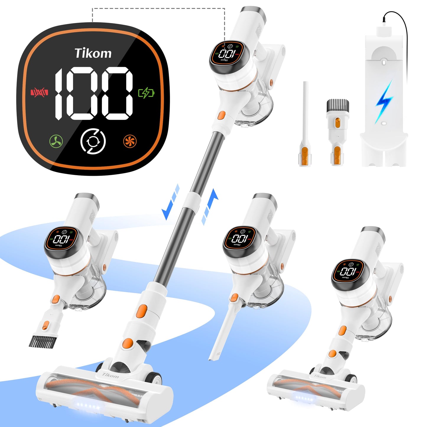 Tikom V500 Cordless Vacuum Cleaner for Home, 40000Pa/450W Stick Vacuum with LED Touch Screen, Charging Wall Dock, Anti-Tangle, Lightweight Handheld Vacuum for Pet Hair, Hard Floor, Carpet