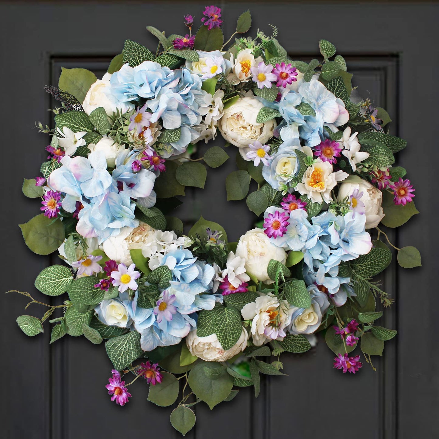 24 Inch Spring Wreaths for Front Door, Spring Wreath,Blue Hydrangea Wreath,Large Spring Summer Door Wreaths for Front Door Outside All Season Home Decor (Blue)