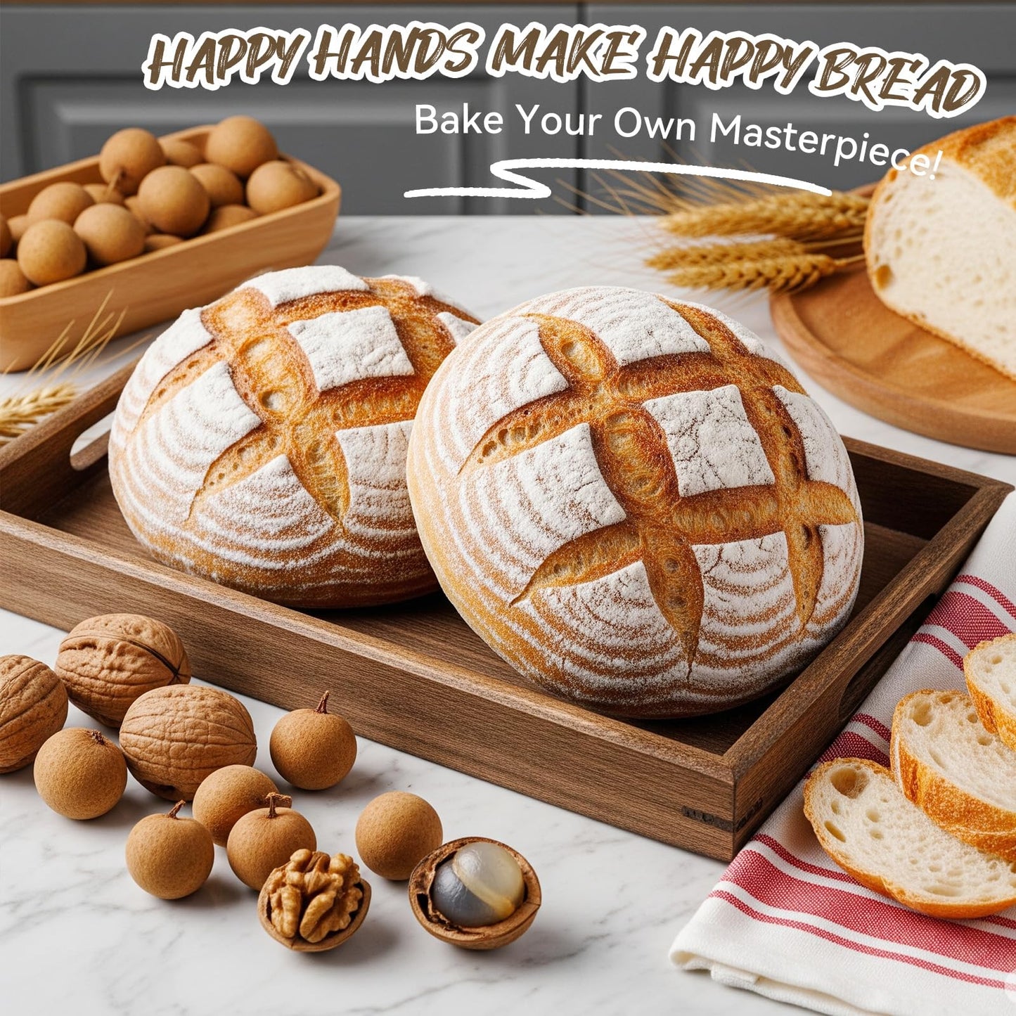 Bread Proofing Basket, Kikcoin Banneton Bread Proofing Basket Set of 2, 9 Inch & 10 Inch Round Sourdough Proofing Basket with Linen Liner, Bread Lame, Dough Whisk