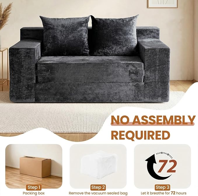 Loveseat Sofa Bed, Convertible Silky Velvet 5-in-1 Foldable Boneless Sleeper