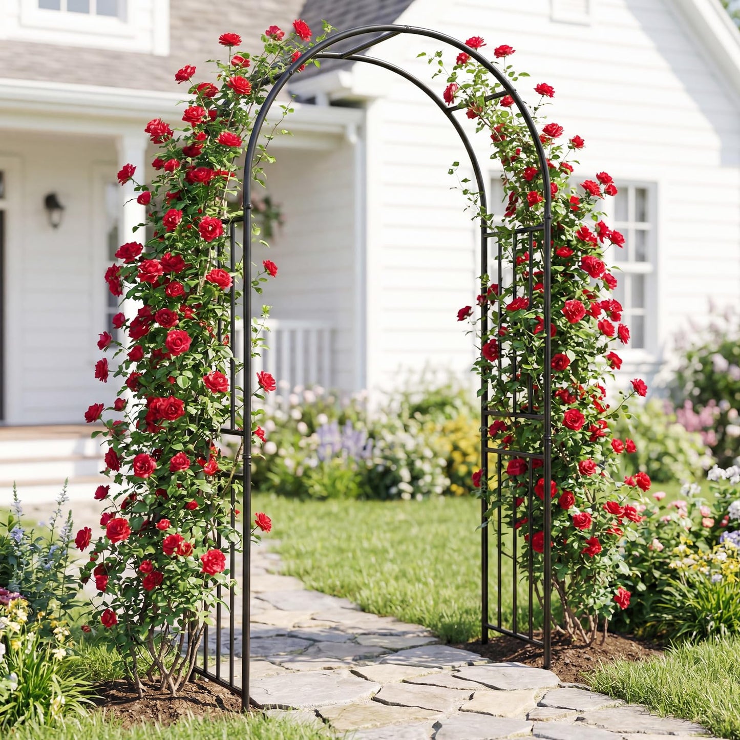 COSTWAY 7.2Ft Garden Arch Arbor Trellis for Climbing Plants, Metal Arch Frame Steel Arbor with 8 Stakes, Outdoor Archway for Wedding Bridal Party Lawn Decoration, Easy Assembly, Black (1)