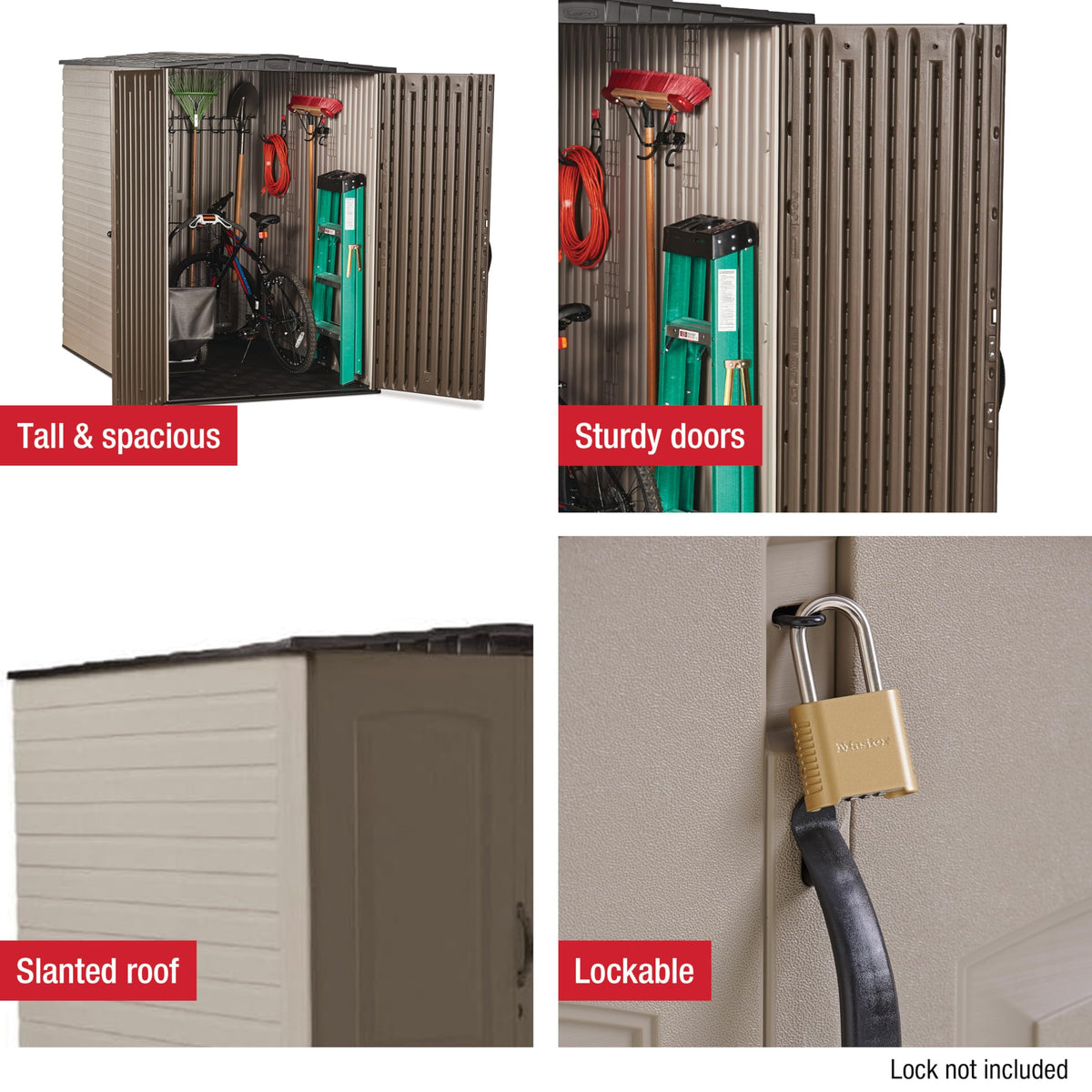 Rubbermaid Large Vertical Resin Outdoor Storage Shed With Floor (5 x 6 Ft), Weather Resistant, Brown, Organization for Home/Backyard/Garden Tools/Lawn Mower/Bike Storage/Pool Supplies