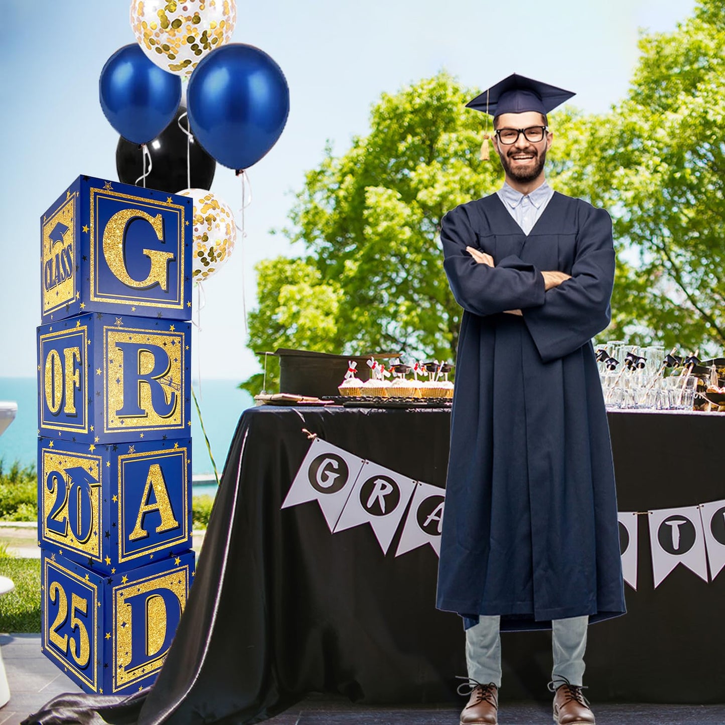 2025 Graduation Decorations Blue Class of 2025 Decorations Royal Blue and Gold Balloon Boxes with "GRAD" and"CLASS OF 2025" Letters Graduation Boxs for High School and College Grad Announcements