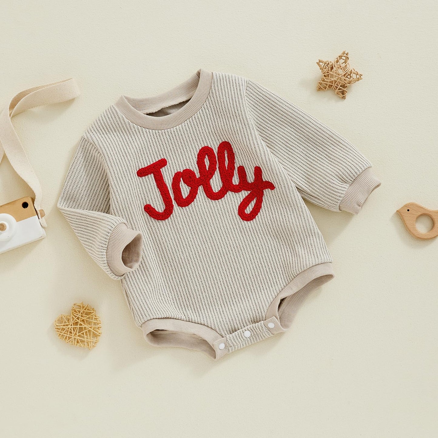 BemeyourBBs Newborn Baby Boy Girl Fall Winter Clothes Long Sleeve Bubble Sweatshirt Romper Cute Infant One Piece Outfit (Christmas Jolly Beige, 6-9 Months)