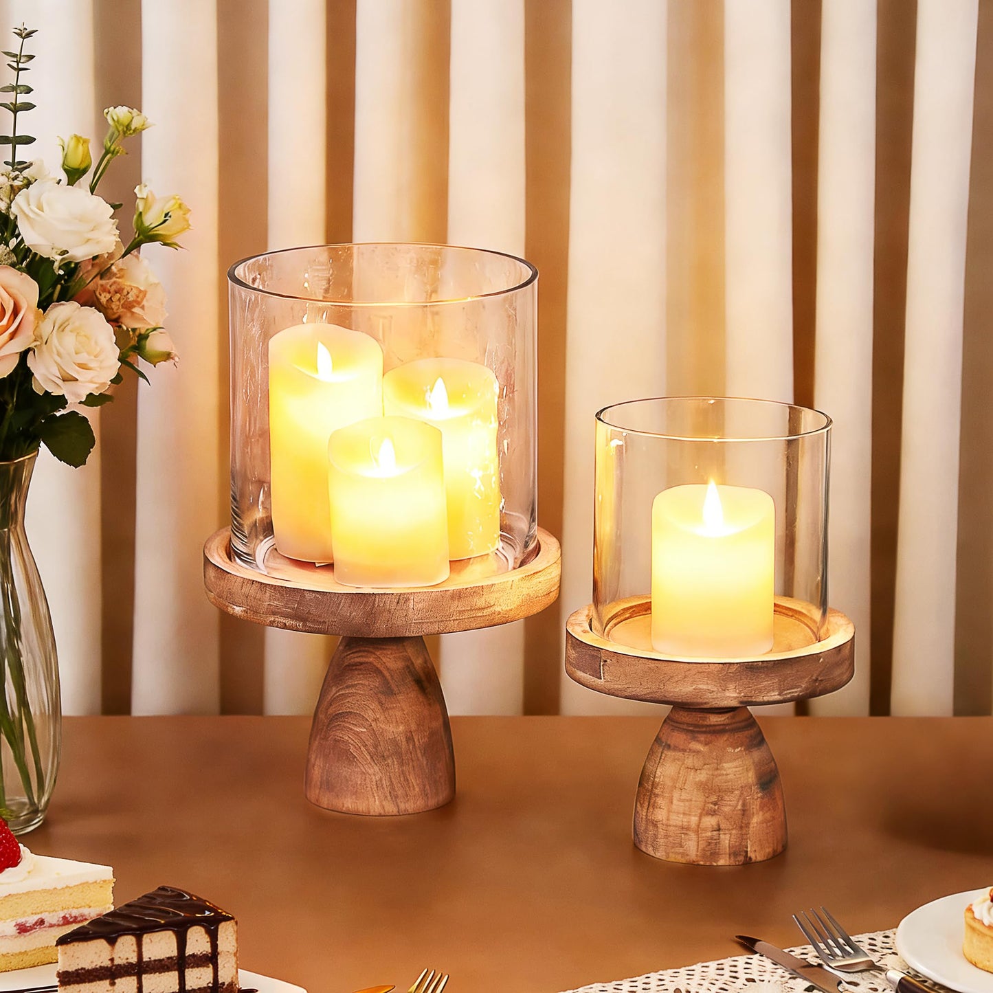 7" Wide Farmhouse Glass Hurricane Candle Holder & Glass Vase with Vintage Natural Sturdy Solid Wooden Base for Pillar & Flower Arrangement, Terrarium, Centerpiece, Console Table, Dining Table, Mantel