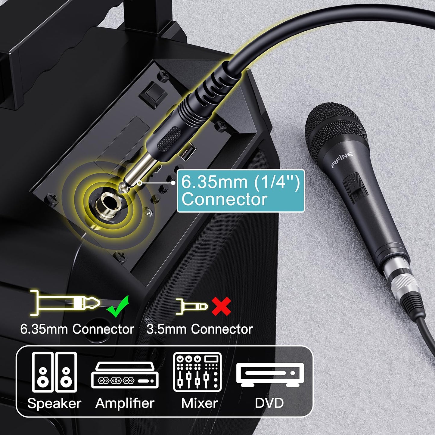 Fifine Karaoke Microphone, Dynamic Vocal Microphone for Speaker, 6.35MM Wired Handheld Mic with On and Off Switch and 14.8ft Detachable Cable-K6