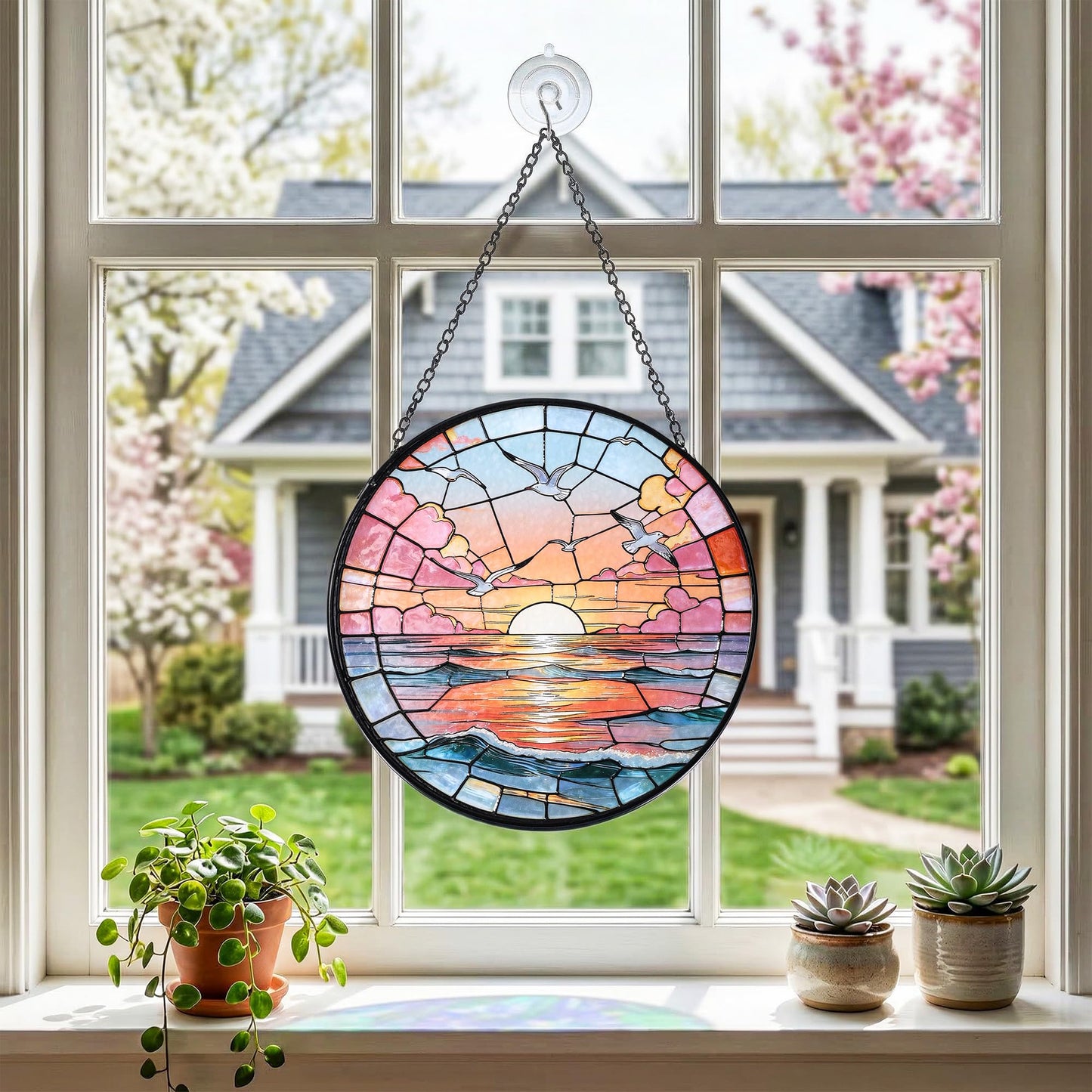 Hanging Stained Glass for Windows,20cm/7.87inch Sea Sunrise Stained Glass Suncatcher with Chain Garden Diamond Glass Panel Hangings Decoration for Home Decor Gifts for Family Friends Colleagues