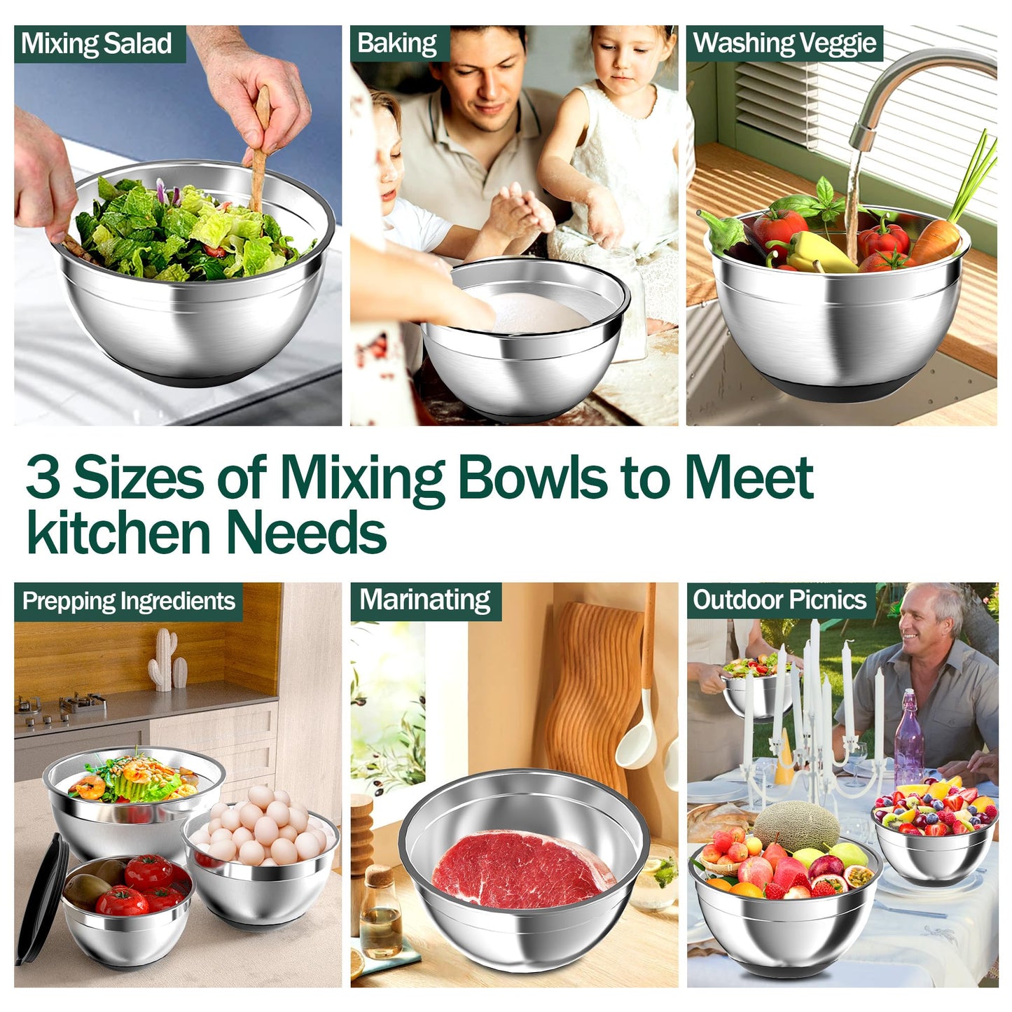 Mixing Bowls with Airtight Lids, Stainless Steel Mixing Bowl Set with 3 Metal Nesting Bowls, Colander & Grater, Non-Slip Bottoms, Size 1.5, 2.5, 5 QT, Great for Mixing & Serving, Black
