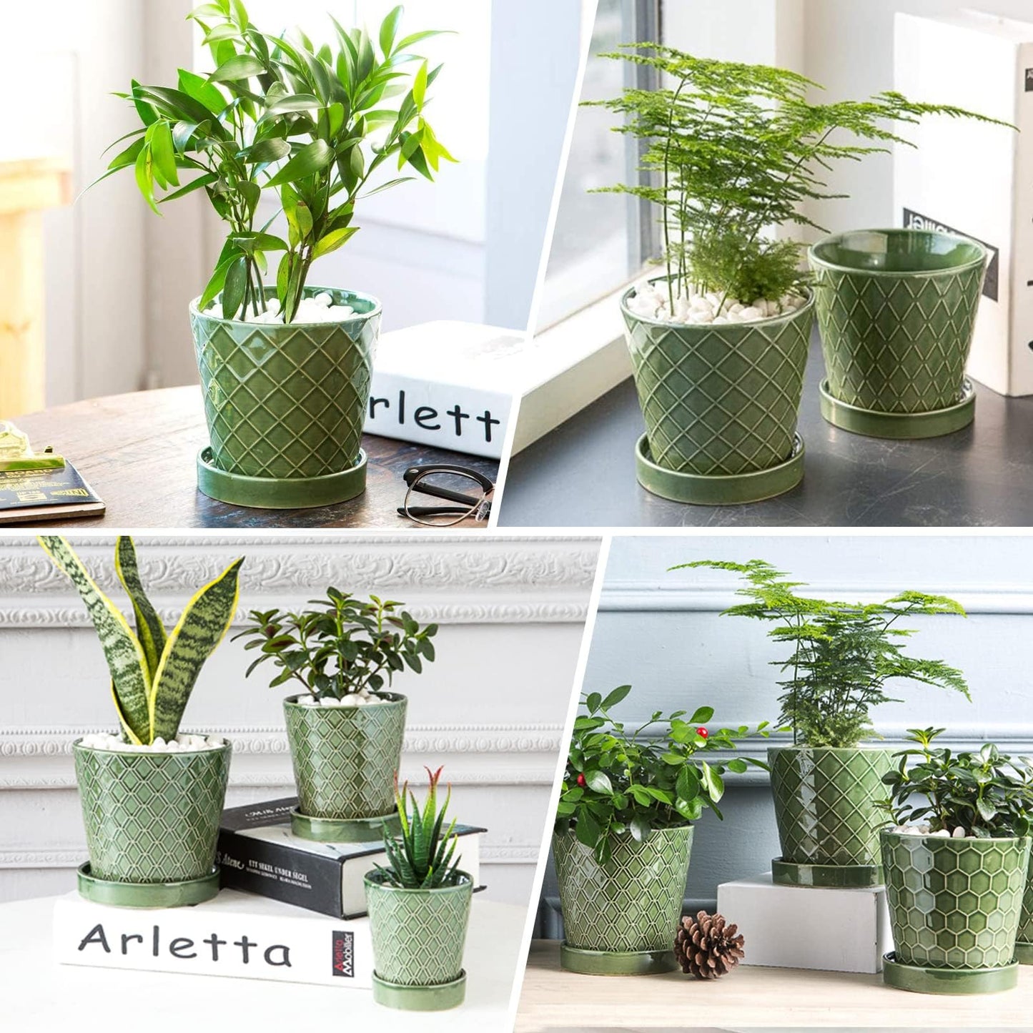 Ceramic Plant Pots,4+5+6 Inch Pots for Indoor Plants,Planters with Drainage Holes and Ceramic Tray, Indoor Flower Pots Gardening Home Desktop Office Windowsill Decoration Gift,Set of 3 (Patina)