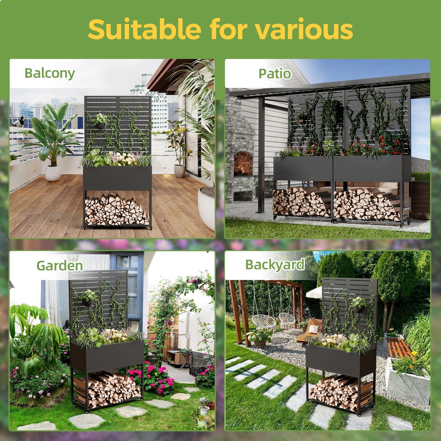Metal Planter Box with Trellis, 3 in 1 Raised Garden Bed with Trelli & Firewood Rack, Privacy Planter Screen for Climbing Plants, Vine, Outdoor Garden Standing Beds with Drainage Holes, Wheels,Black