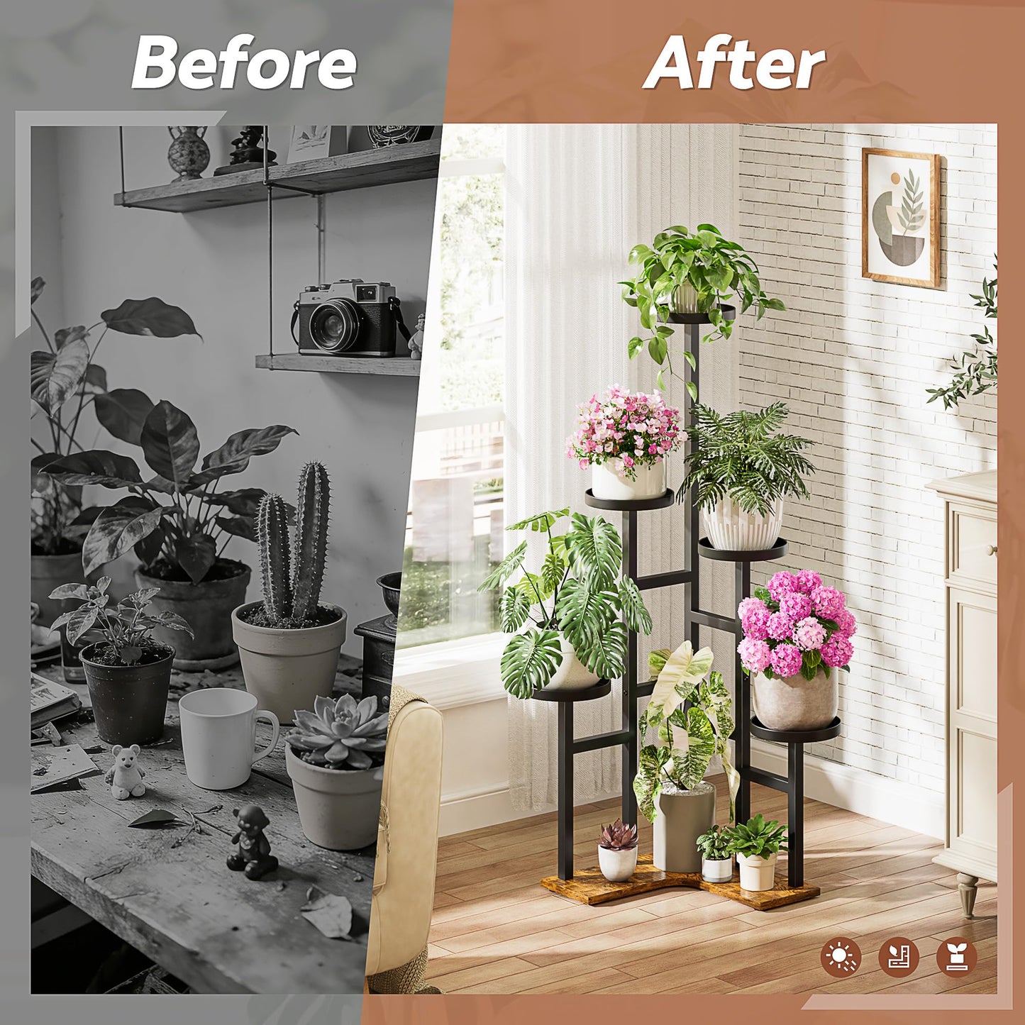 NQW 5 Tiered Plant Stand Indoor with 7.1 Inch Wide Tray, Corner Metal Plant Stand Outdoor Tall Flower Holder Stand, Tall Rack for Display Shelf for Patio Porch Office LivingRoom - BlackDisk