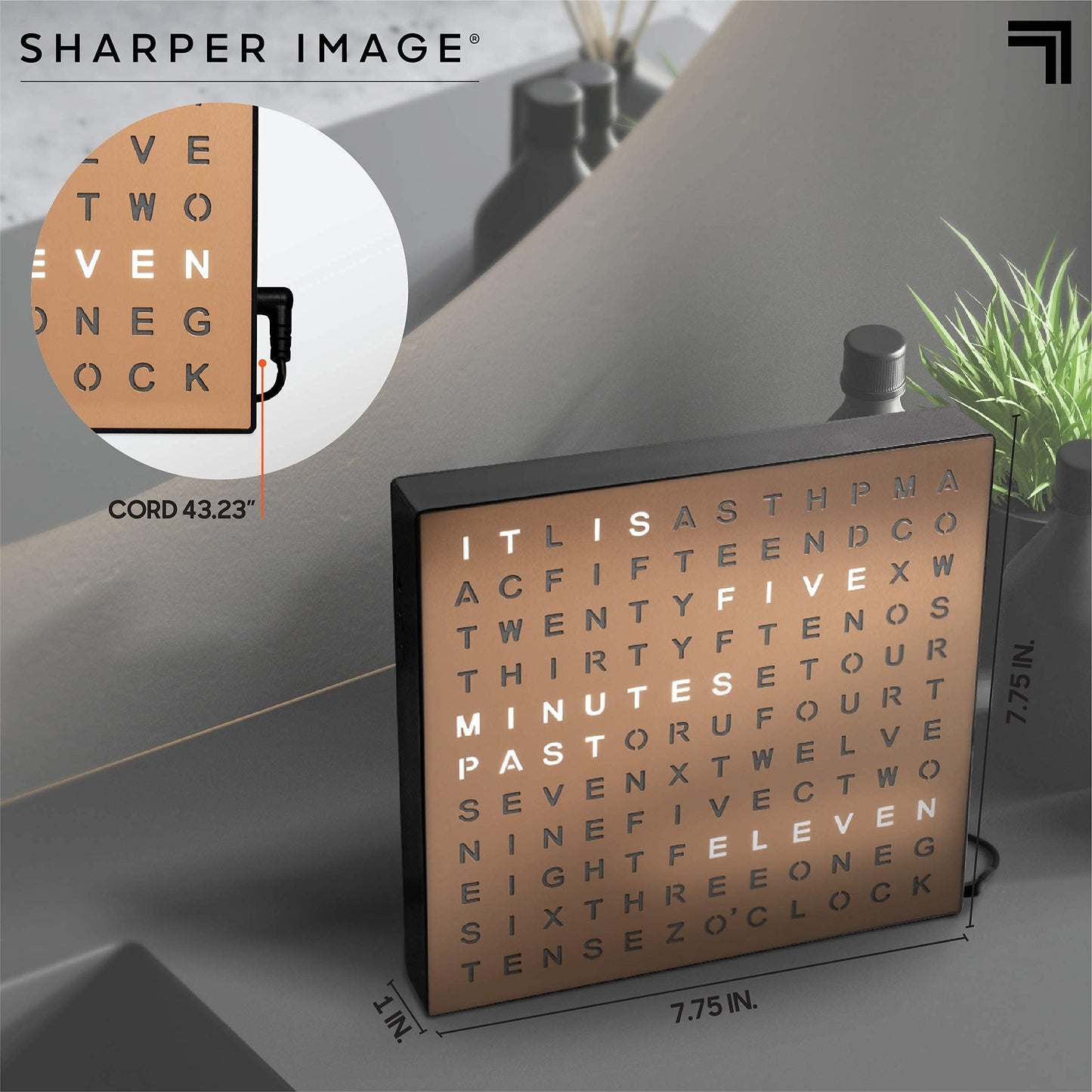 Sharper Image® LED Light-Up Word Clock, 7.75" Modern Design, Electronic Accent Wall or Desk Clock, USB Cord & Power Adapter, Unique Contemporary Home & Office Decor, Easy Setup, Housewarming Gift