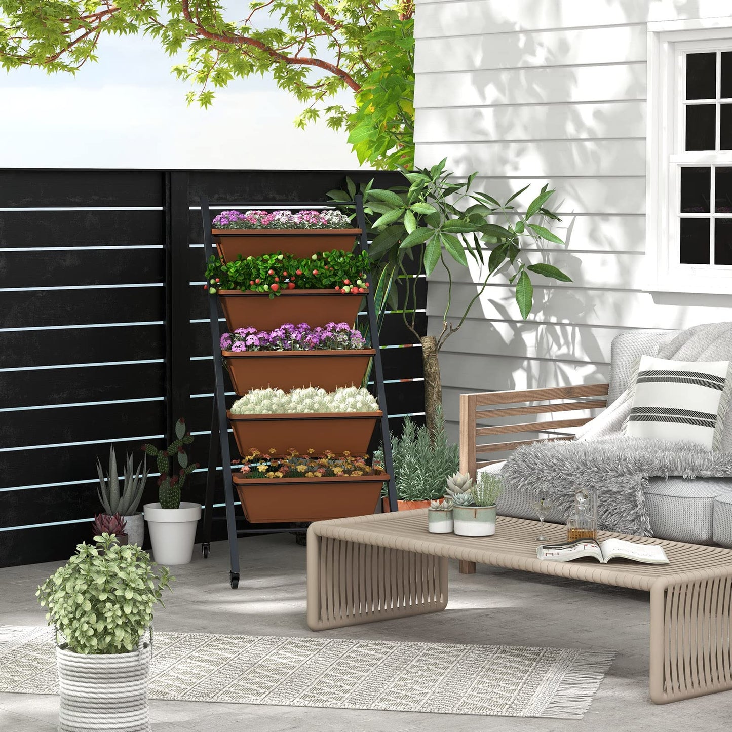 S AFSTAR 5-Tier Vertical Garden Planter, Raised Garden Bed with 2 Lockable Wheels, 5 Removable Planter Boxes, Metal Frame, Indoor Outdoor Elevated Planting Box for Flower Vegetables Fruit Herbs