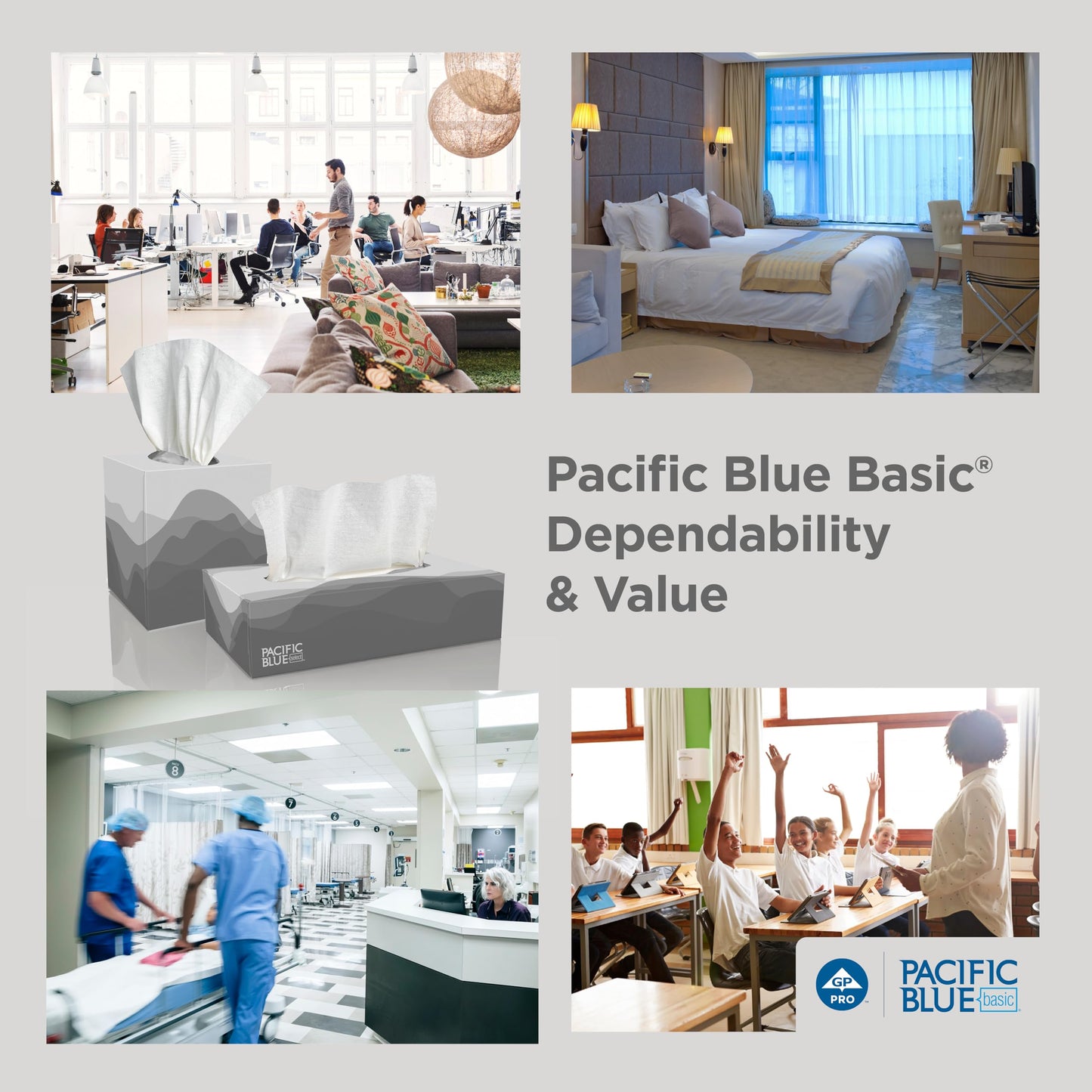 Georgia-Pacific Pacific Blue Basic 2-Ply Facial Tissue (47410), 100 Sheets Per Box, 30 Flat Boxes Per Bulk Case