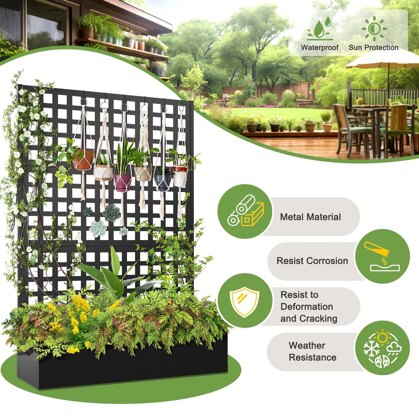 FENCY Metal Raised Garden Bed with Trellis, Metal Planter Box with Trellis, Garden Box for Climbing Plants Vegetable, 47''Lx16''Wx71''H Garden Bed with Drainage Holes(Black)