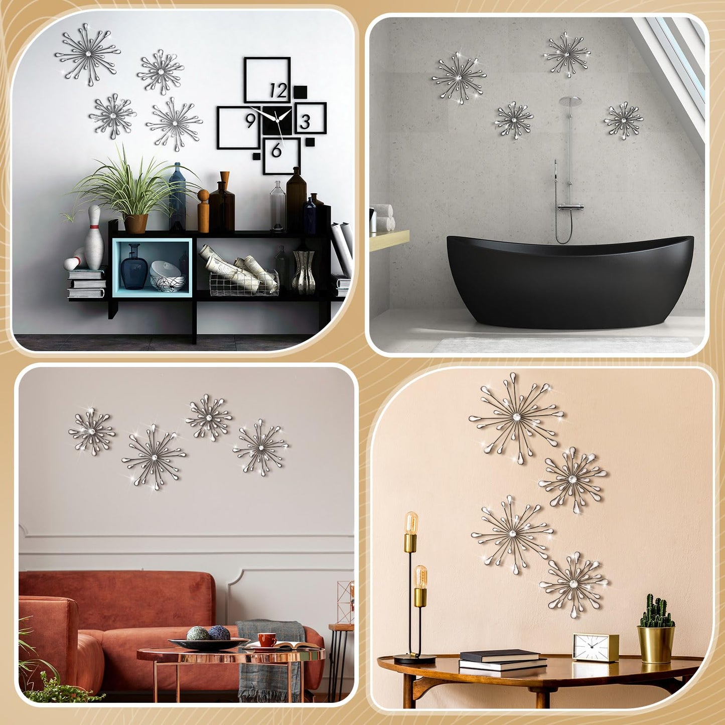 Hicarer 4 Pcs Starburst Wall Decor Bling Wall Art Crystal Teardrop 3D Hanging Rhinestone Radial Metal Artwork Modern Accent Sculptures Decorations for Living Room Home Office Bedroom(Black)