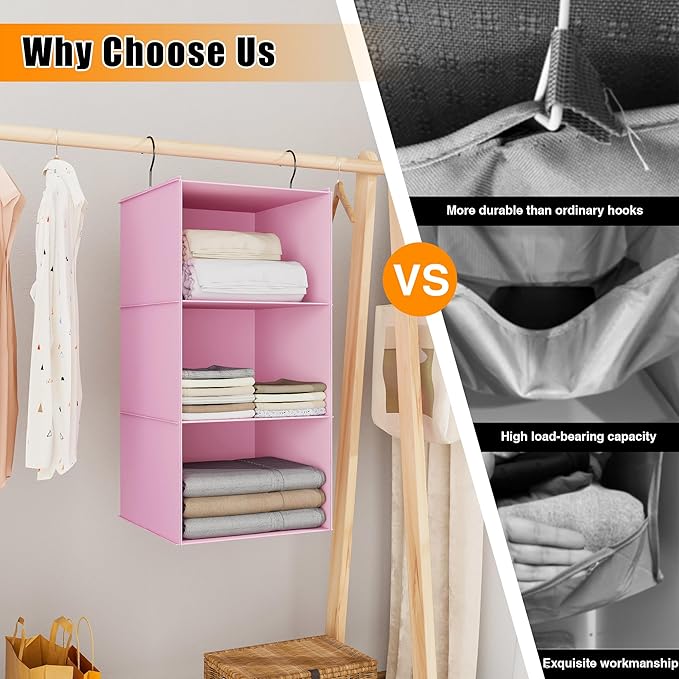 Hanging Closet Organizer and Storage 3-Shelf, Easy Mount Foldable Hanging